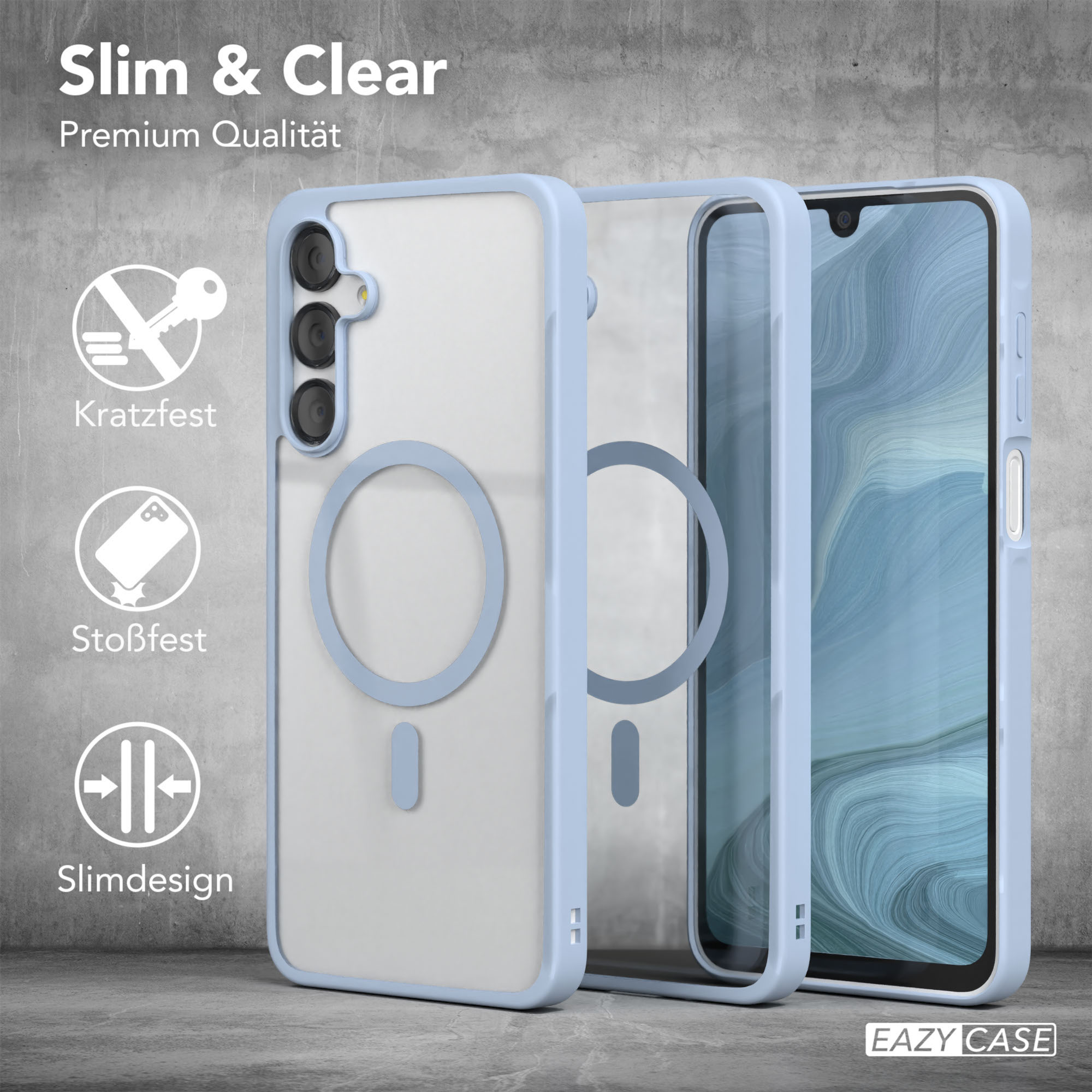 Drei blaue und transparente Handyhüllen. Text: Slim & Clear, Kratzfest, Stoßfest, Slimdesign. Eazy Case Logo.