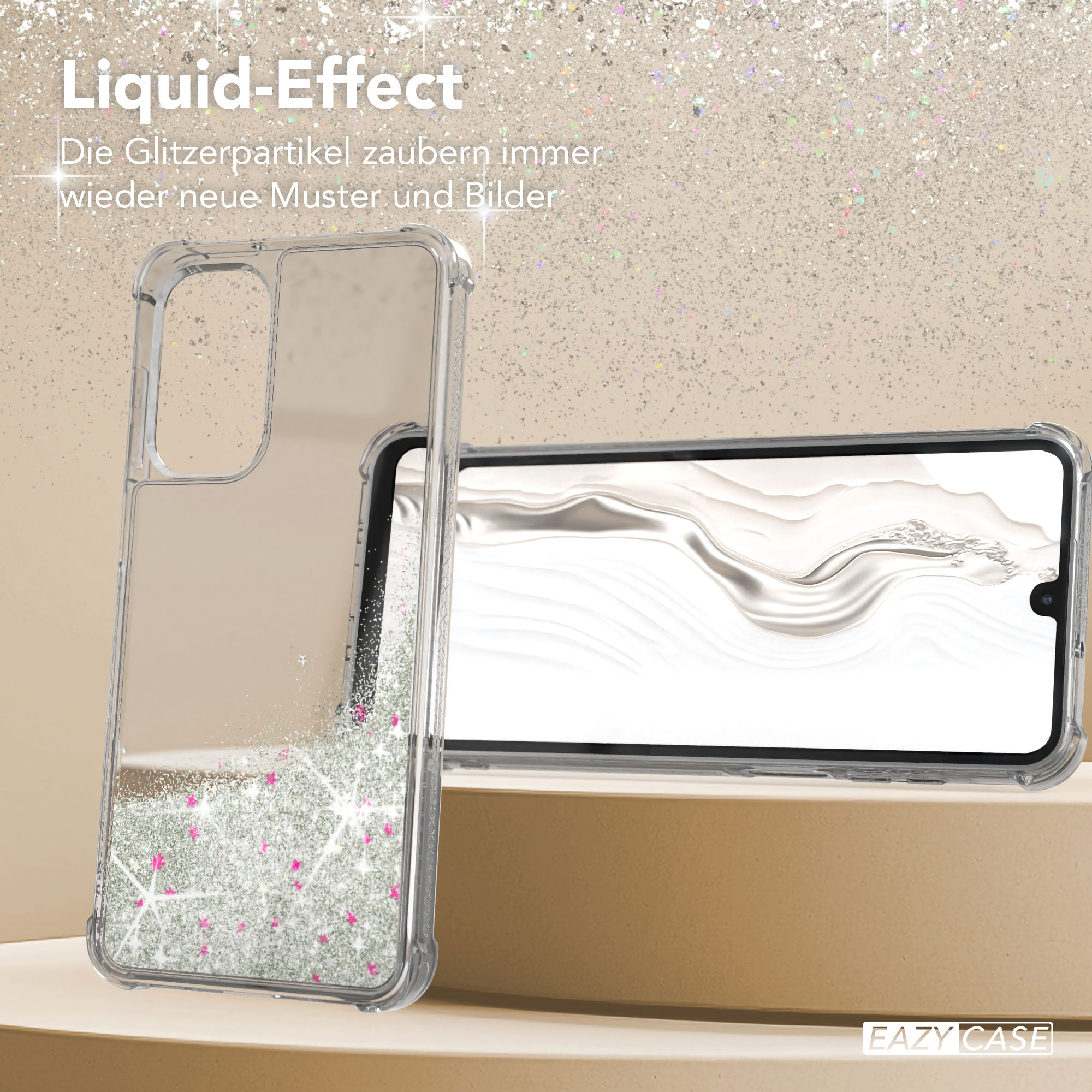 Transparente Handyhülle mit Glitzer und ein Handy mit weißem Bildschirm.