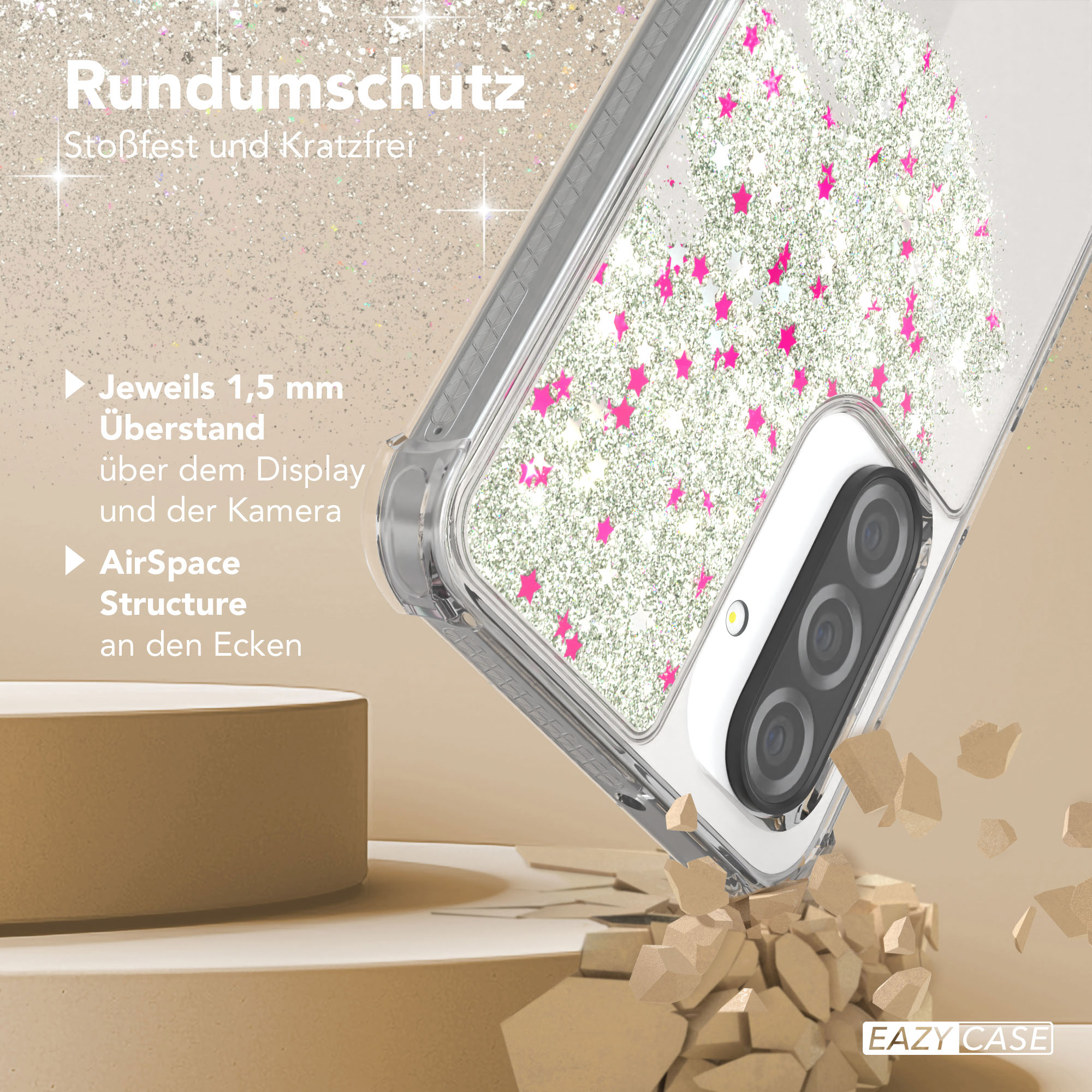 Handyhülle mit rosa Sternen darauf. Ein Telefon ist darin. Beiger Hintergrund.