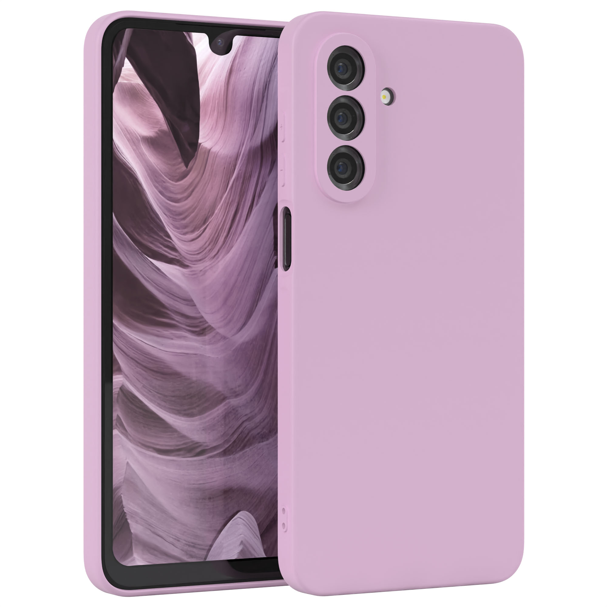Eine rosa Handyhülle mit Dreifachkamera. Das Handy steht aufrecht.