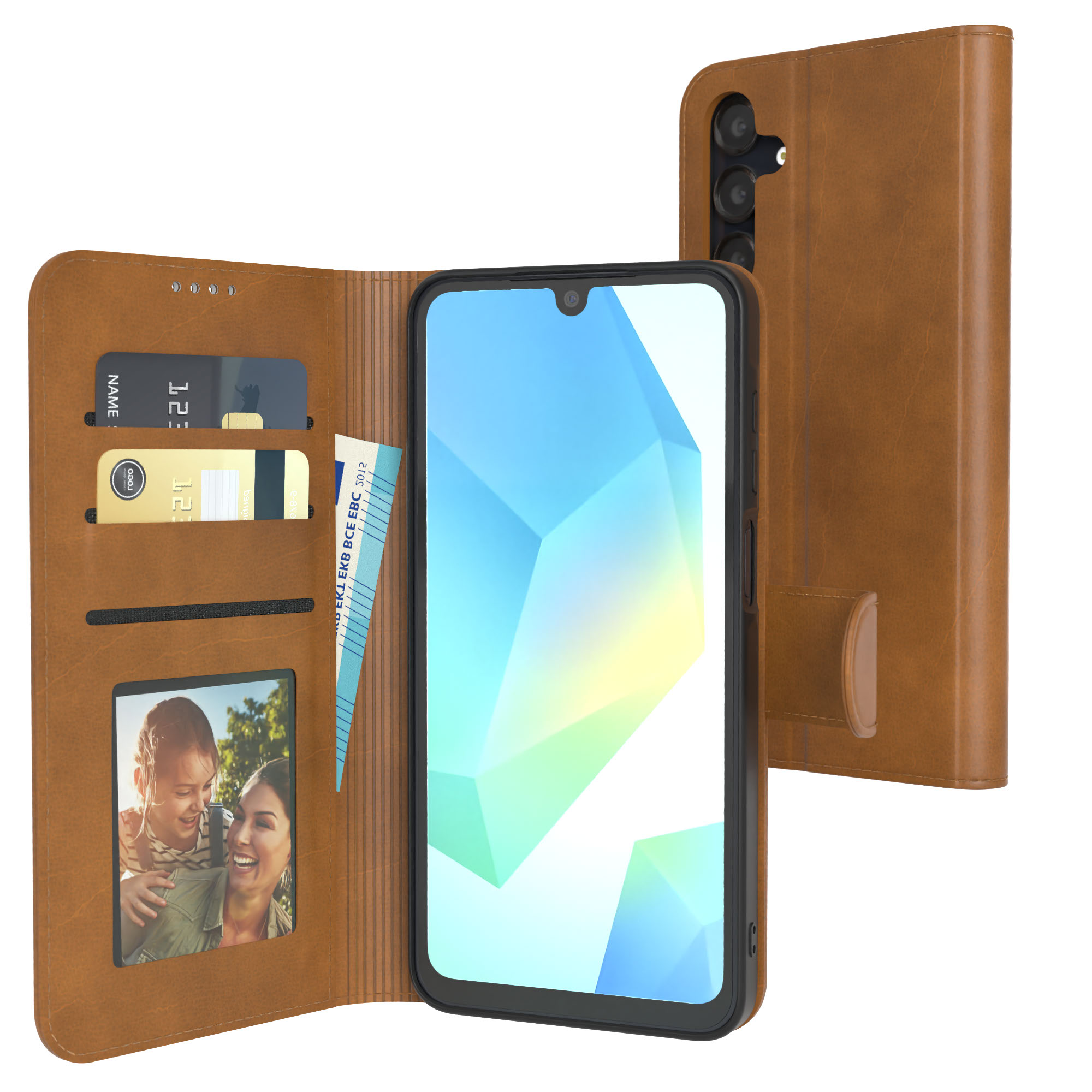 Geöffnete braune Handyhülle mit Handy, Kreditkarten, Bargeld und Foto.