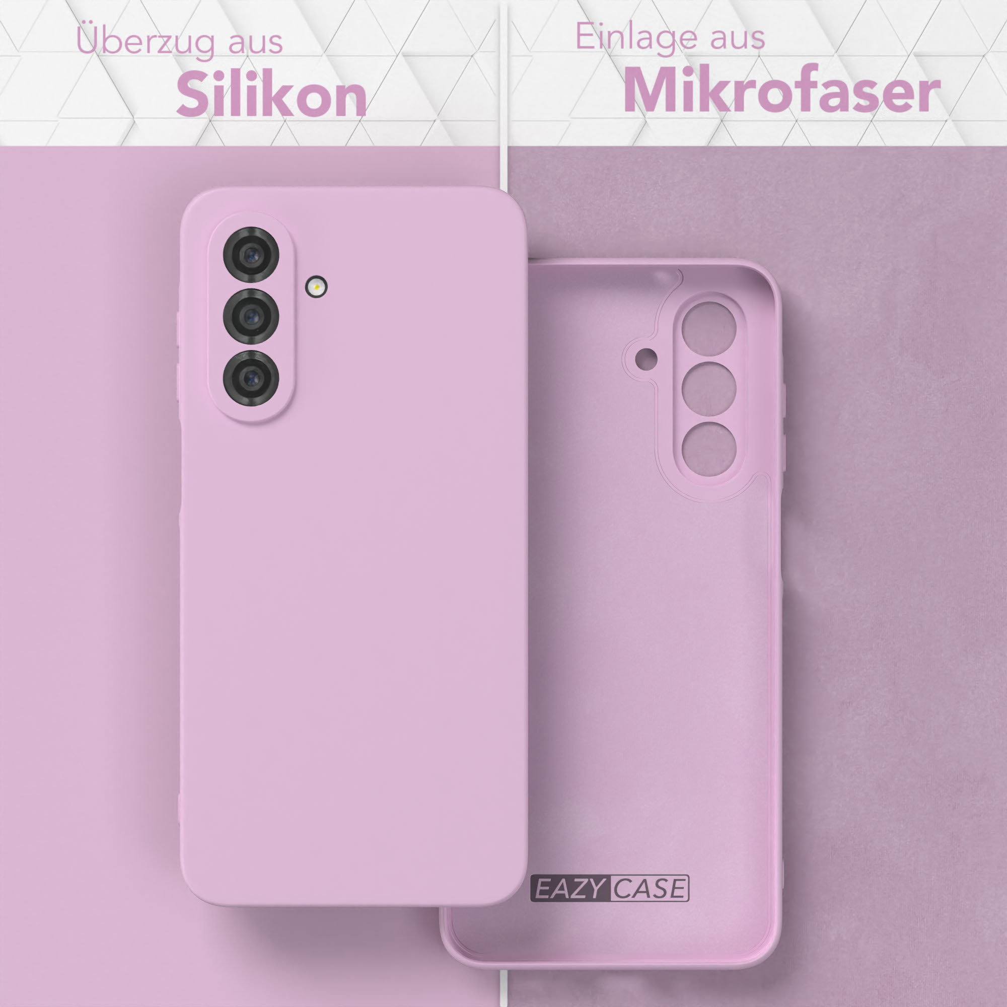 Eine Handyhülle mit rosa Außenseite und Mikrofaser-Innenseite. Die Hülle ist offen.