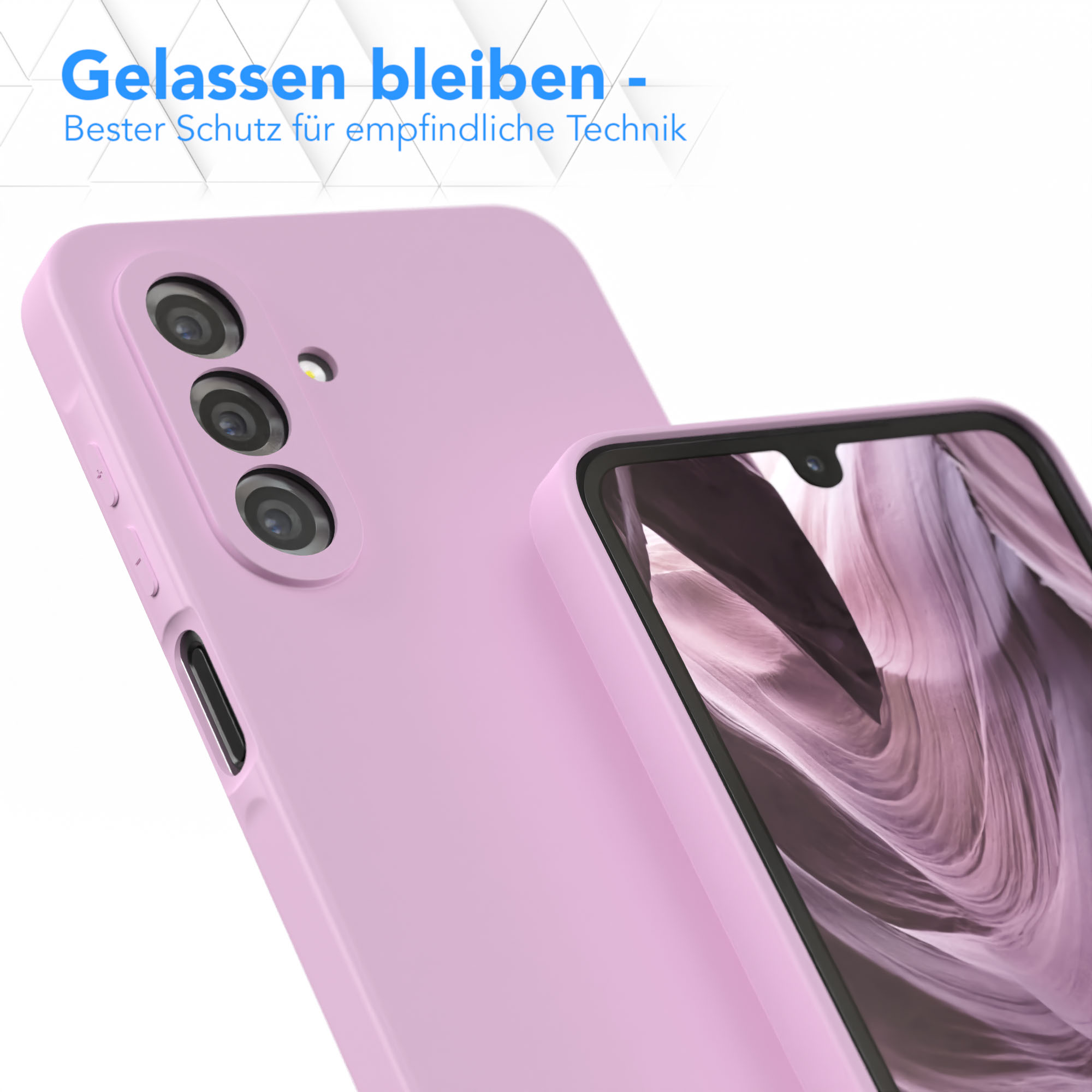 Rosa Handyhülle mit einem Telefon darin. Die Hülle ist nah dran und zeigt die Kamera und den Bildschirm des Telefons.