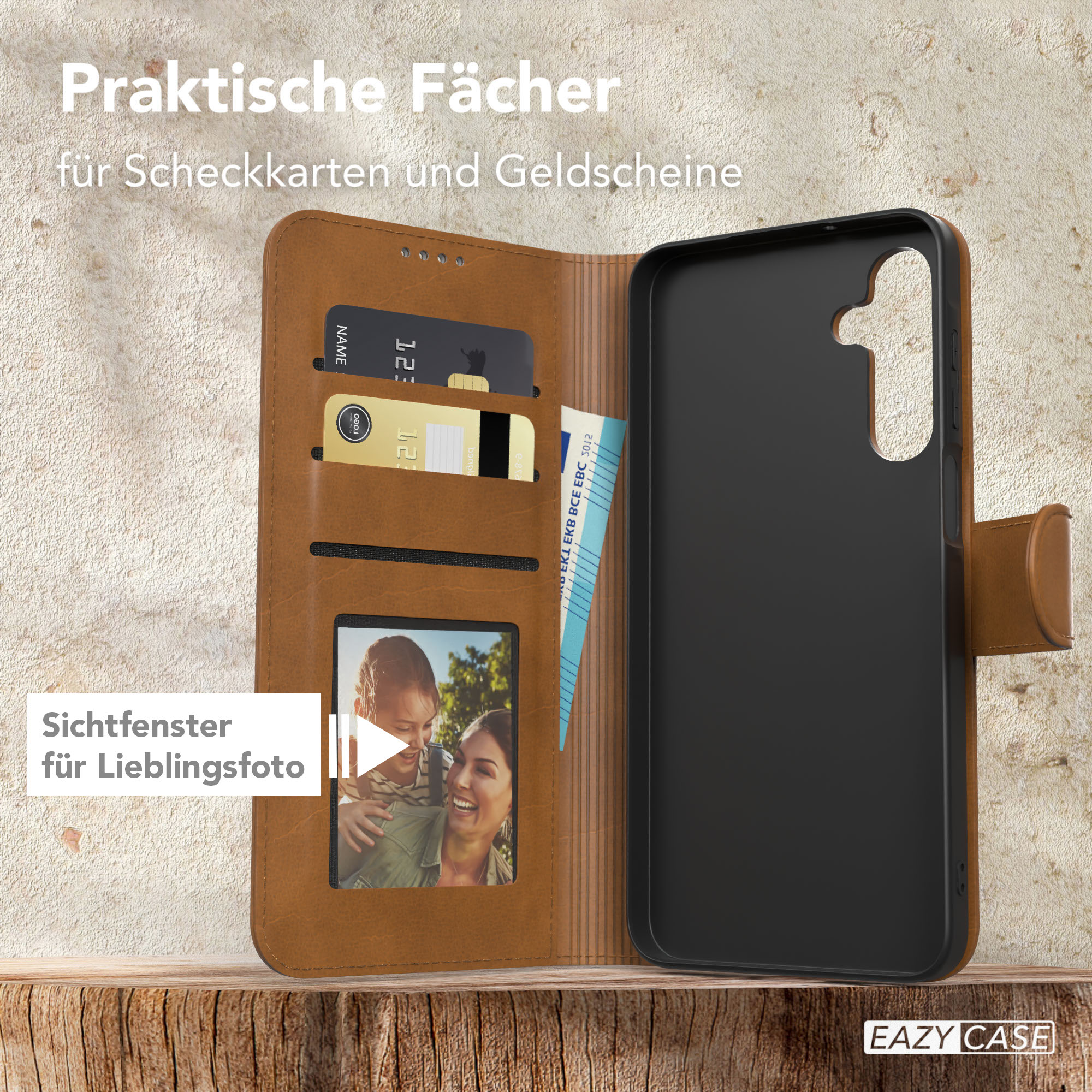 Handyhülle mit Kartenfächern und Fotofenster, zeigt Karten und ein Bild.