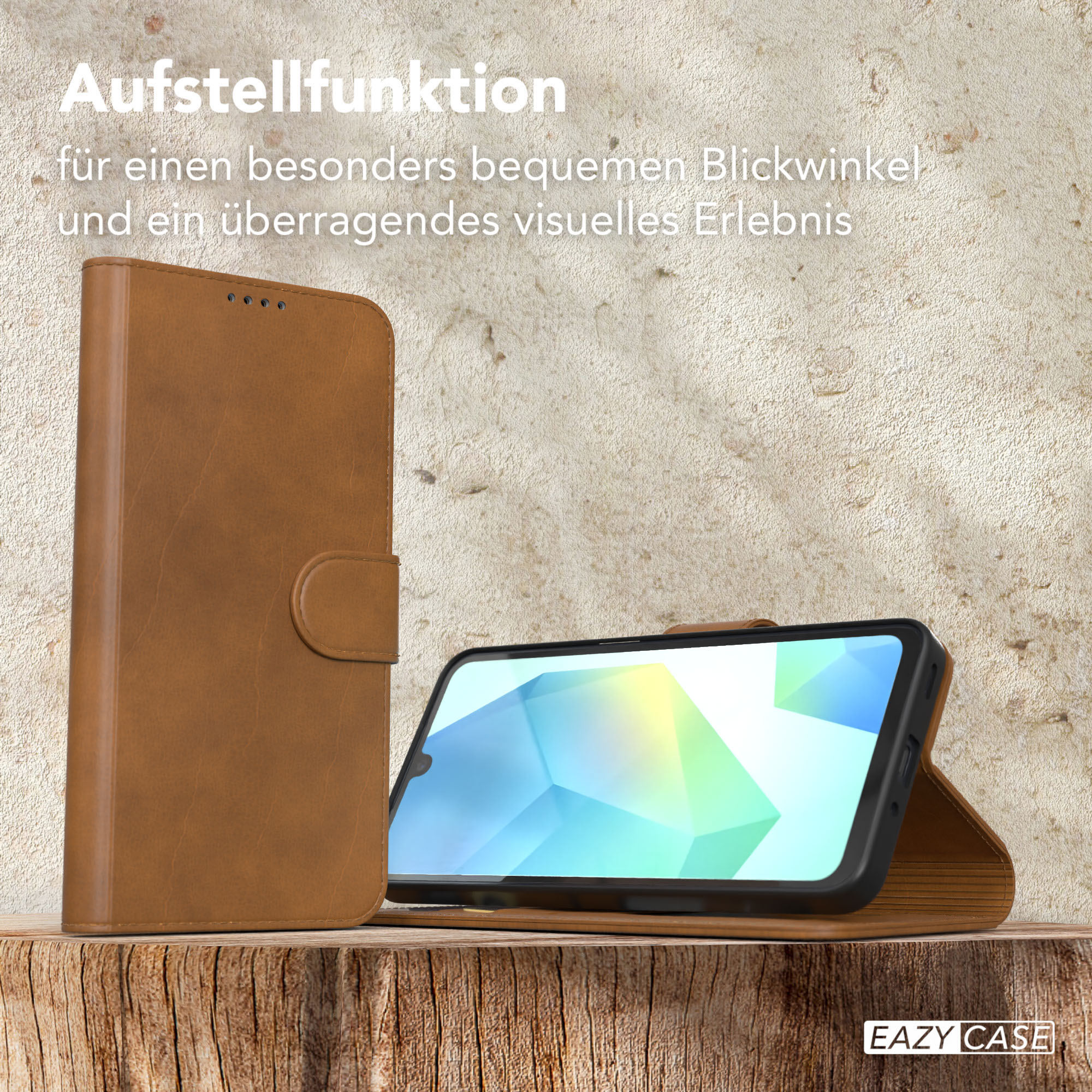 Eine Handyhülle mit einem Telefon im Inneren. Die Hülle ist geöffnet und zeigt den Bildschirm.