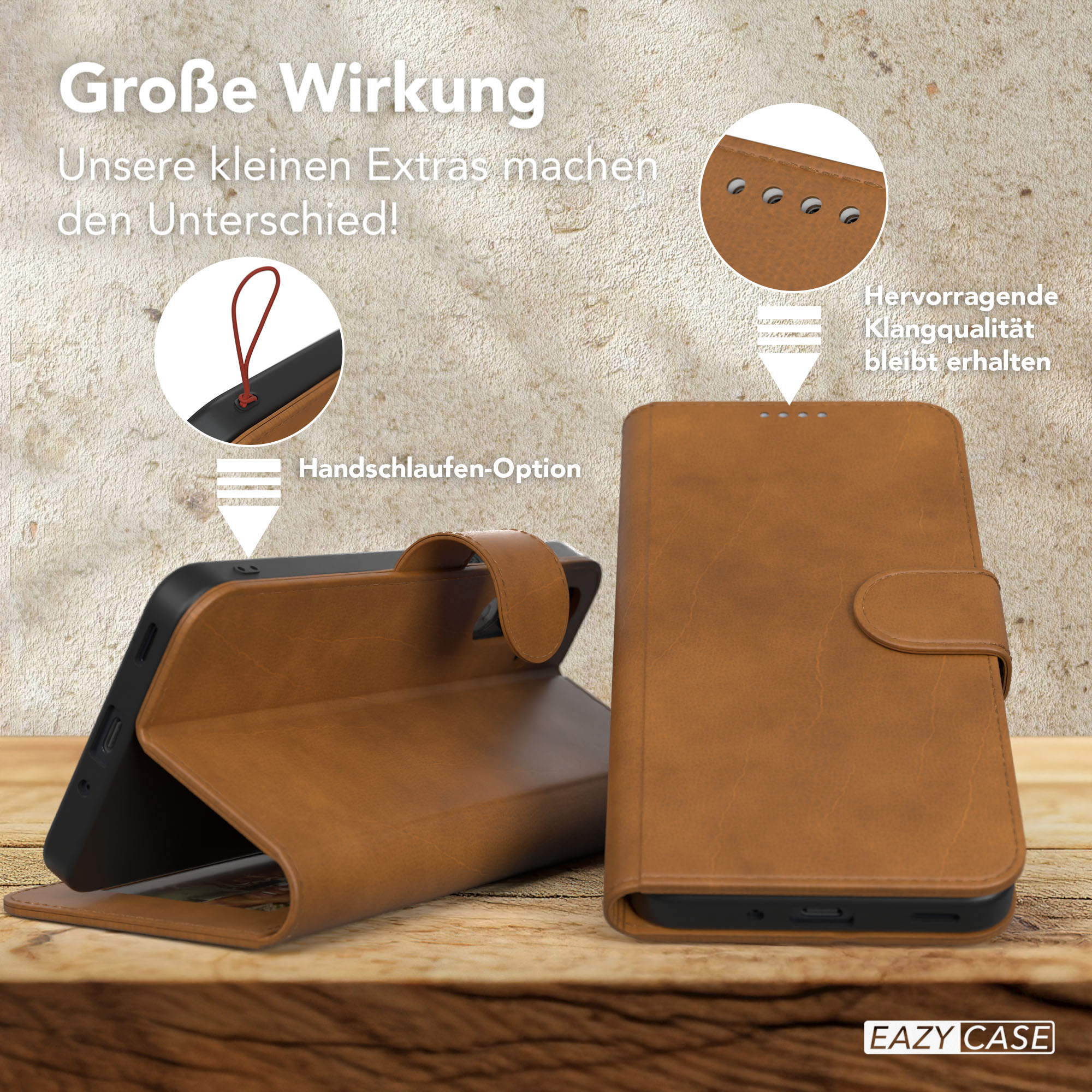 Braune Handyhülle, geöffnet und geschlossen. Details: Schlaufe, hervorragende Klangqualität.
