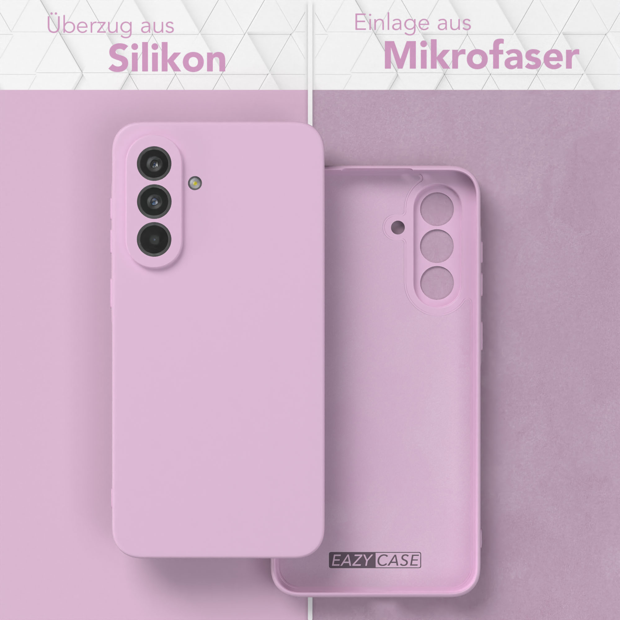 Rosa Handyhülle mit 'Silikon'- und 'Mikrofaser'-Text. Ein Case geschlossen, eins offen.