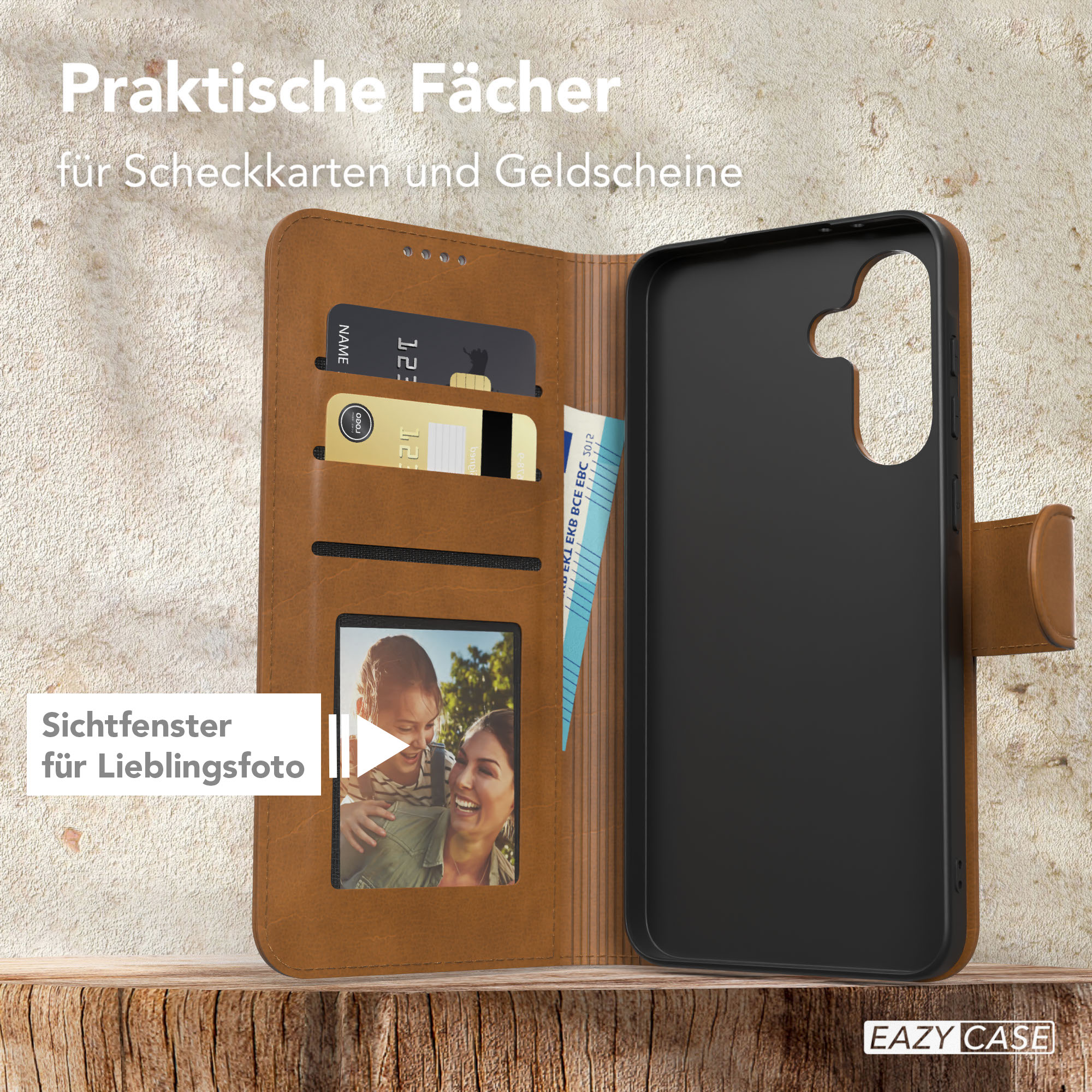 Braune Leder-Handyhülle, geöffnet, mit Karten, Geld und einem Foto. Schwarze Handyhülle rechts.