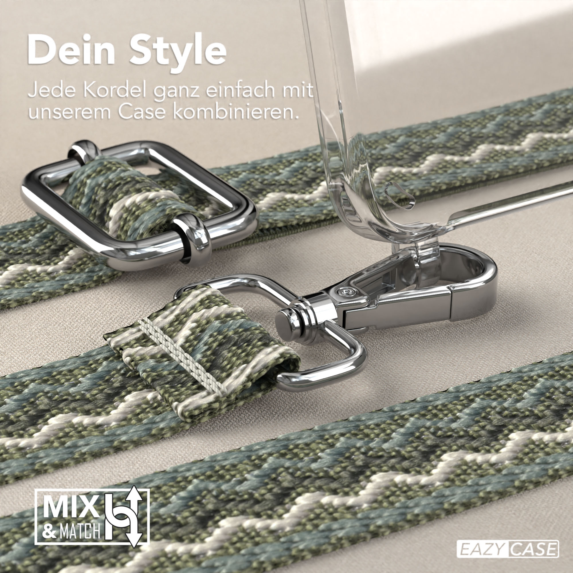 Nahaufnahme einer Handyhülle mit Riemen und silberfarbener Hardware. Text: 'Dein Style'.