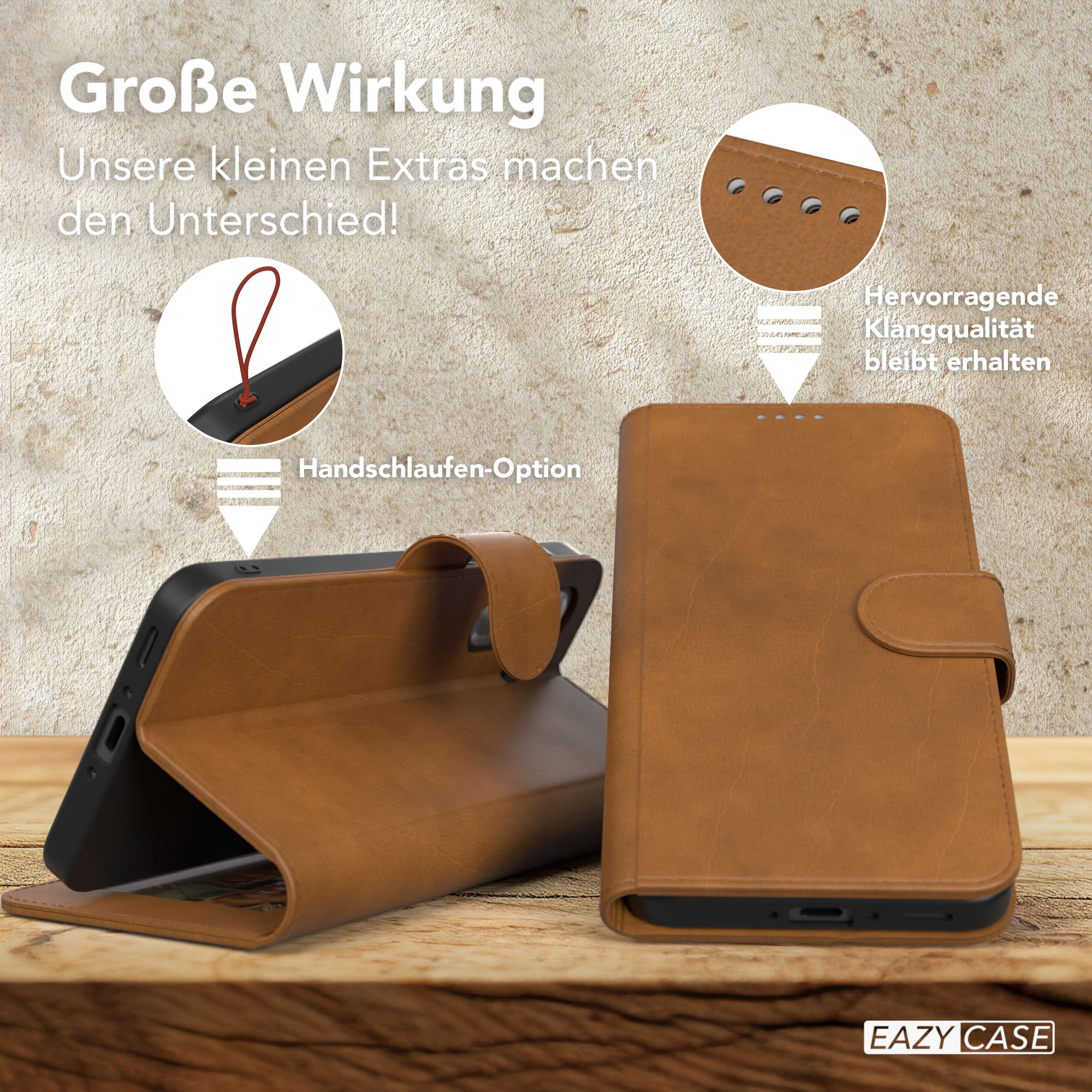 Braune Handyhülle geöffnet und geschlossen. Text: Große Wirkung. Unsere kleinen Extras machen den Unterschied!