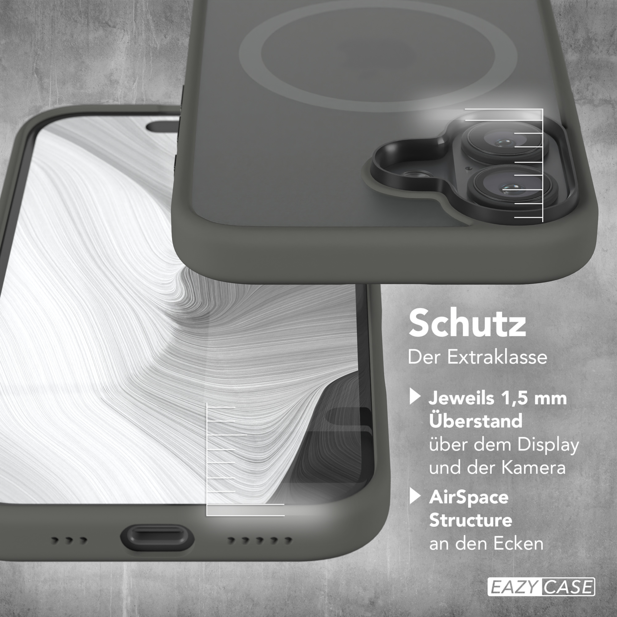 Eine Handyhülle mit einem Telefon darin. Die Hülle hat einen Kameraausschnitt, und der Text Schutz ist sichtbar.