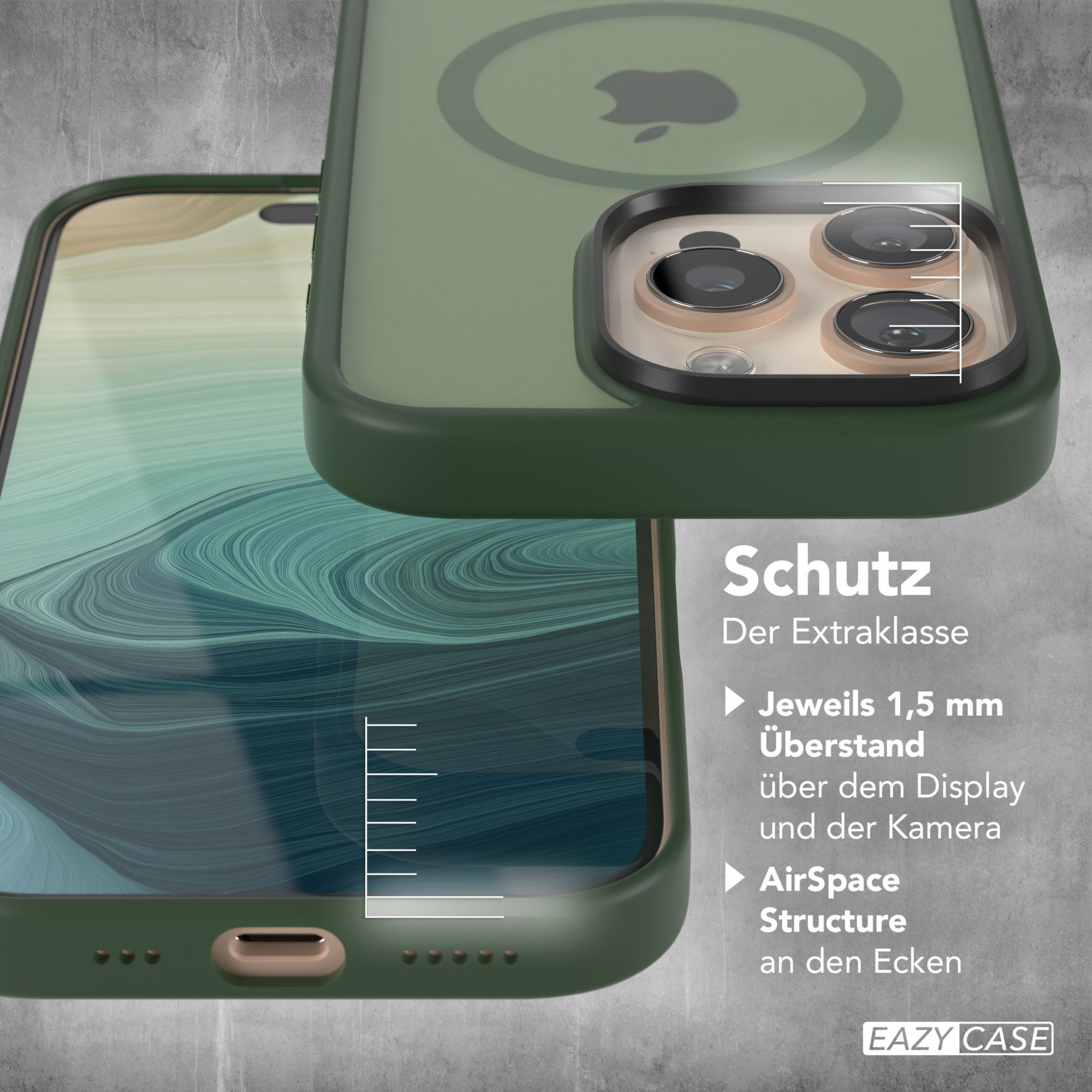 Grüne Handyhülle, die Funktionen zeigt.