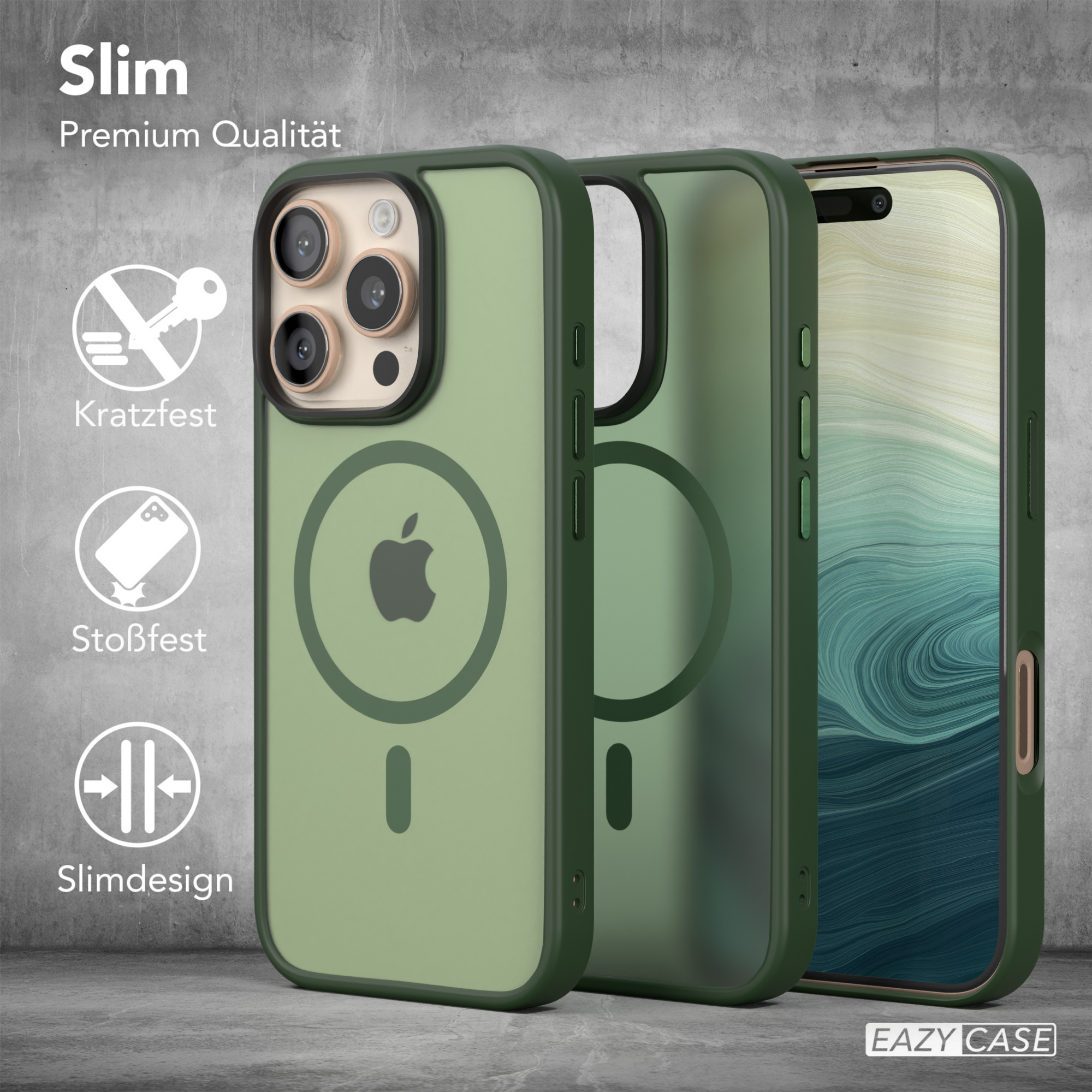 Drei Handyhüllen mit Apple-Logo. Text: Schlank, Kratzfest, Stoßfest, Slim Design.