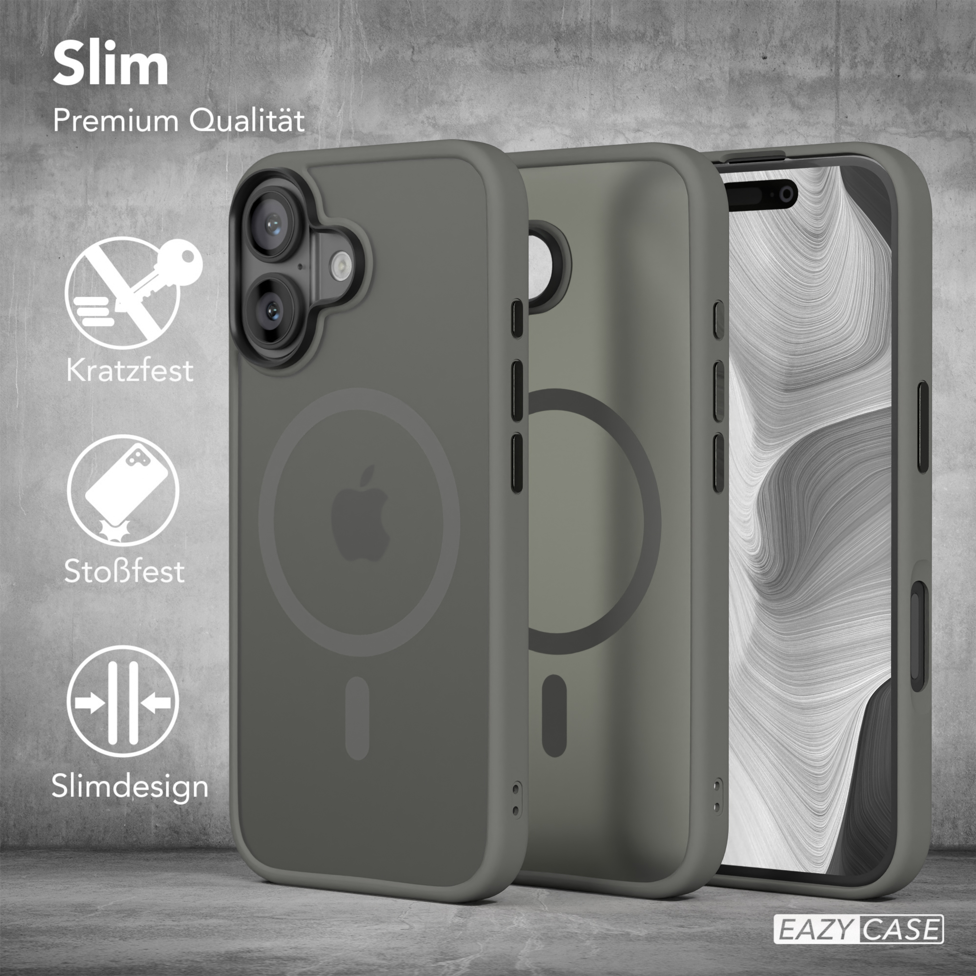 Handyhüllen mit Icons, Text: 'Slim Premium Qualität' und 'EAZY CASE' Logo.