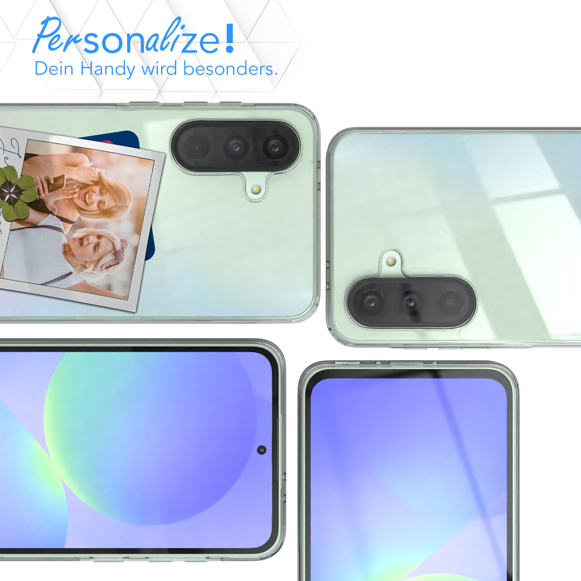 Handyhülle mit Fotos, Nahaufnahmen von Telefondetails, vier Quadranten, hellgrüne Farbe.
