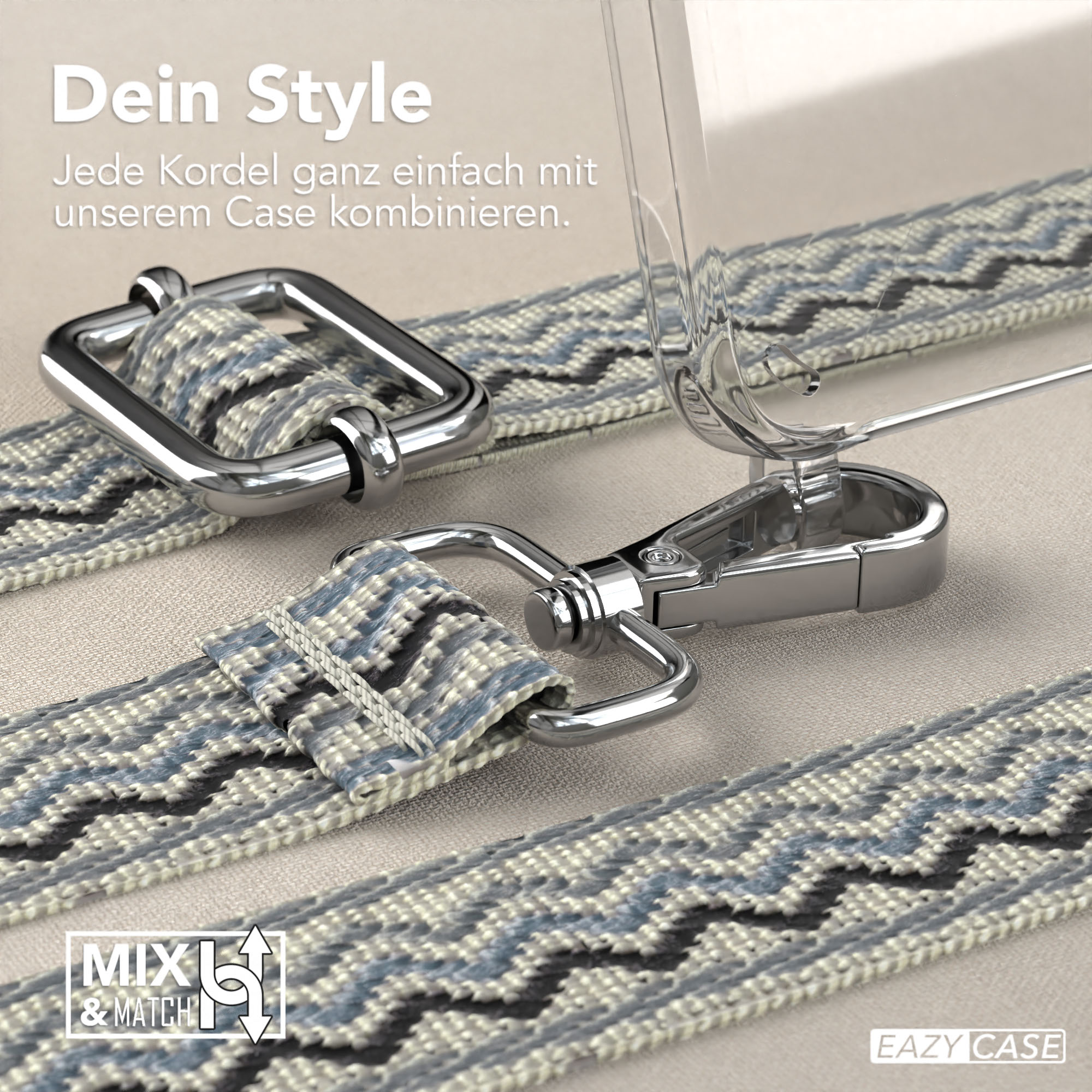 Handyhülle mit Riemen und Metallverschlüssen, zeigt Mix-and-Match-Stil.