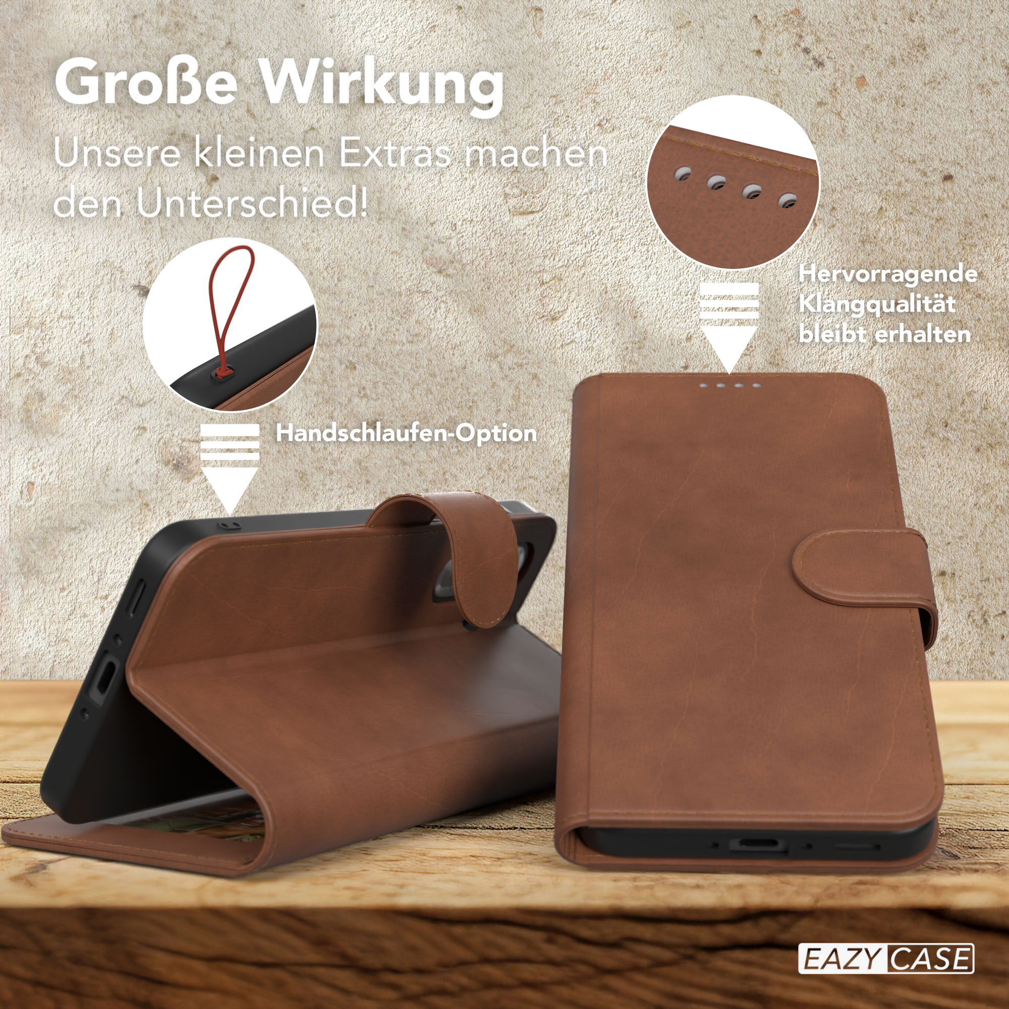 Eine braune Handyhülle mit einem Telefon darin, mit Details zu Design und Eigenschaften.