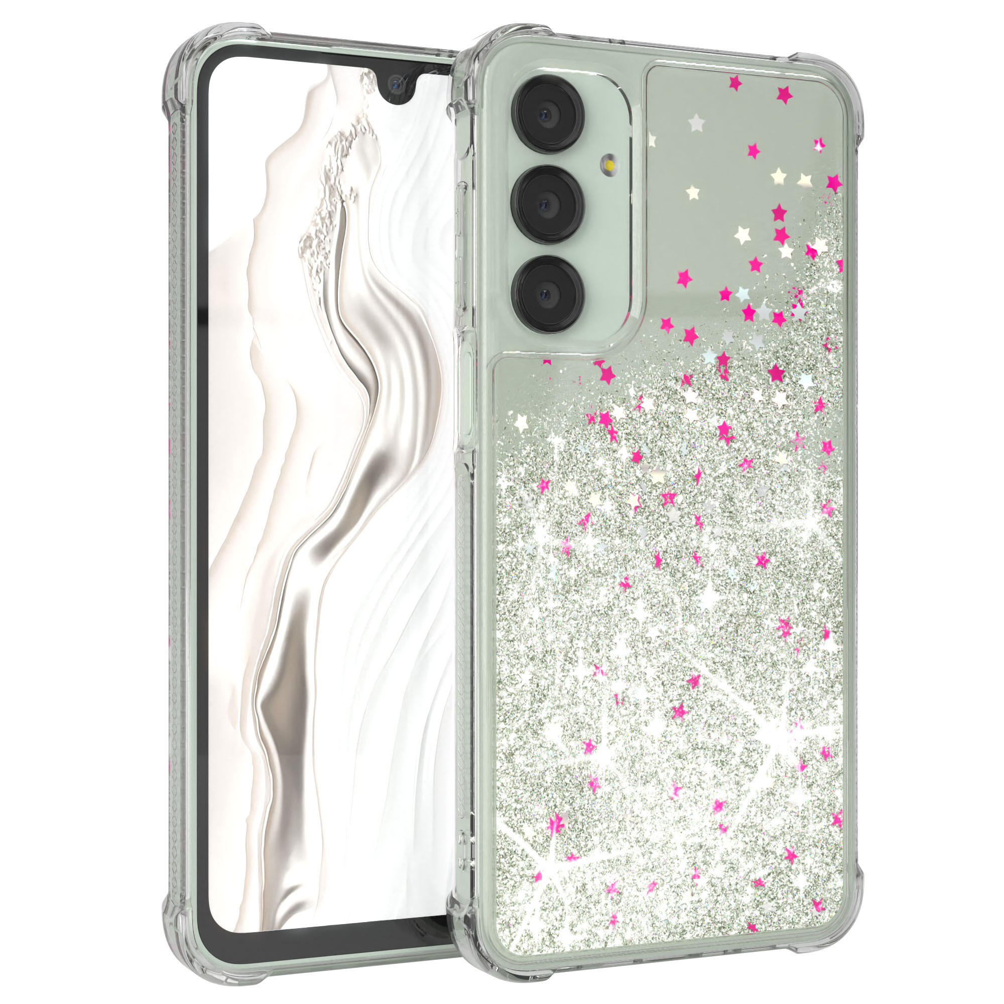 Transparente Handyhülle mit rosa Sternen und Glitzer auf einem Telefonbildschirm.