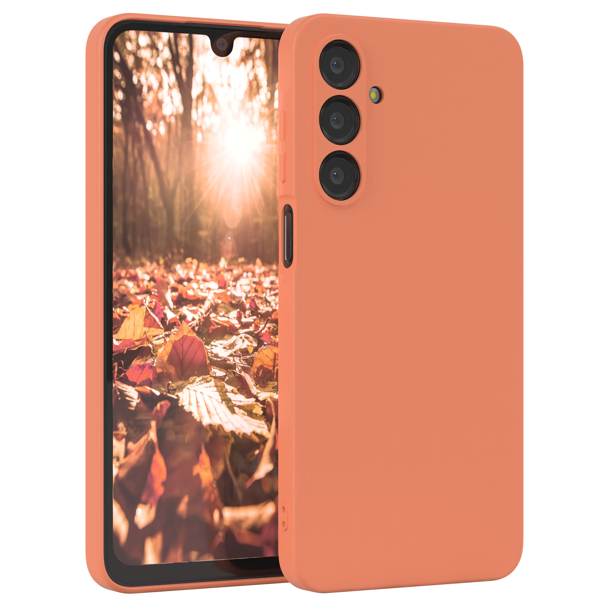Orangefarbene Telefonhülle mit Telefon, verschwommener Hintergrund mit Herbstlaub.