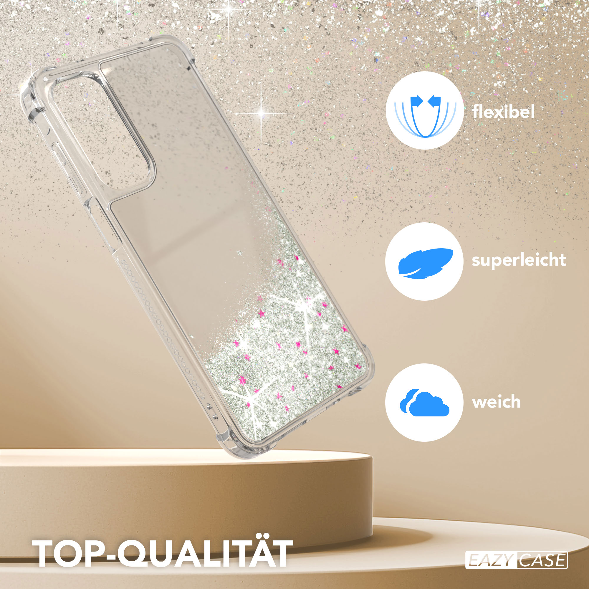 Transparente Handyhülle mit Glitzer und Telefon, auf Podest und Text.