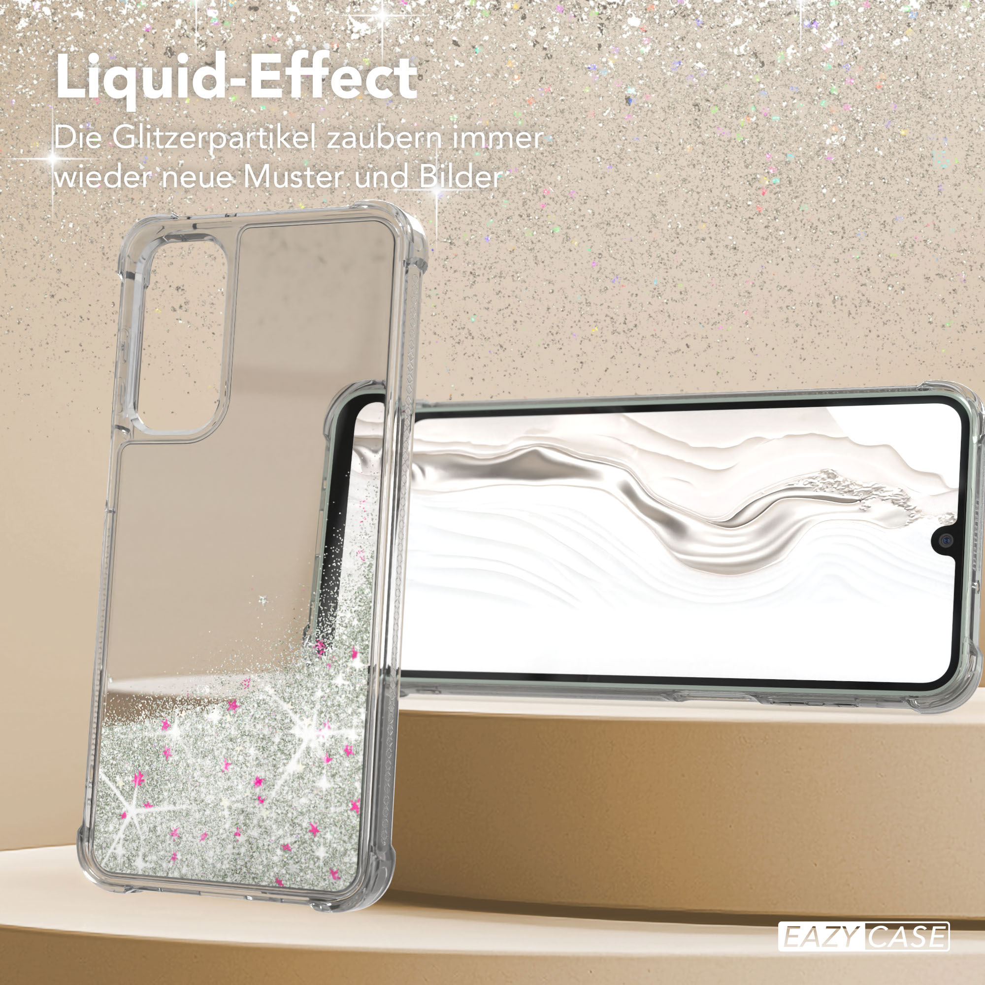 Transparente Handyhülle mit Glitzer, die ein Telefon zeigt. Der Text unten lautet EAZY CASE.