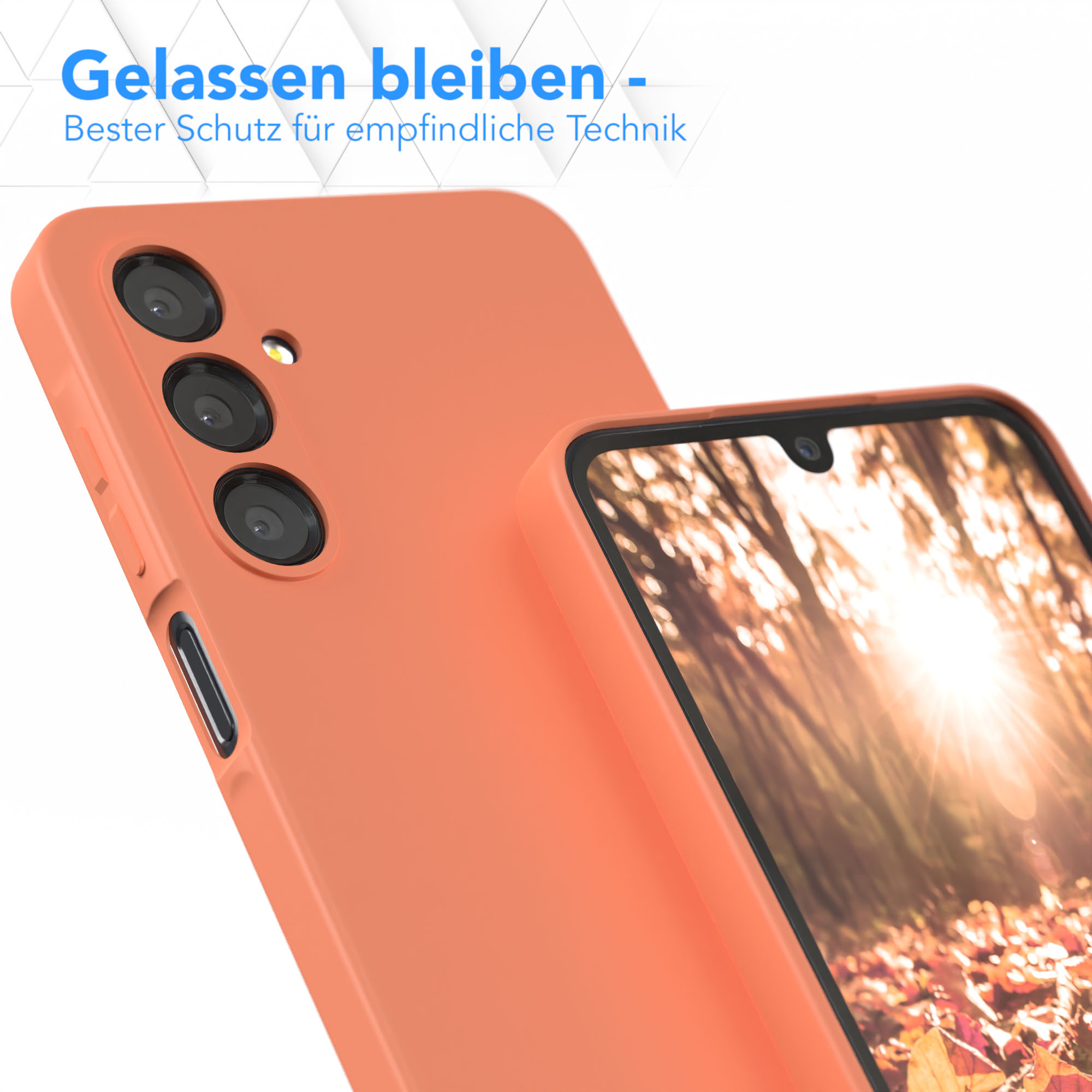 Orangefarbene Handyhülle mit Telefon. Die Hülle hat ein Kamer Loch.