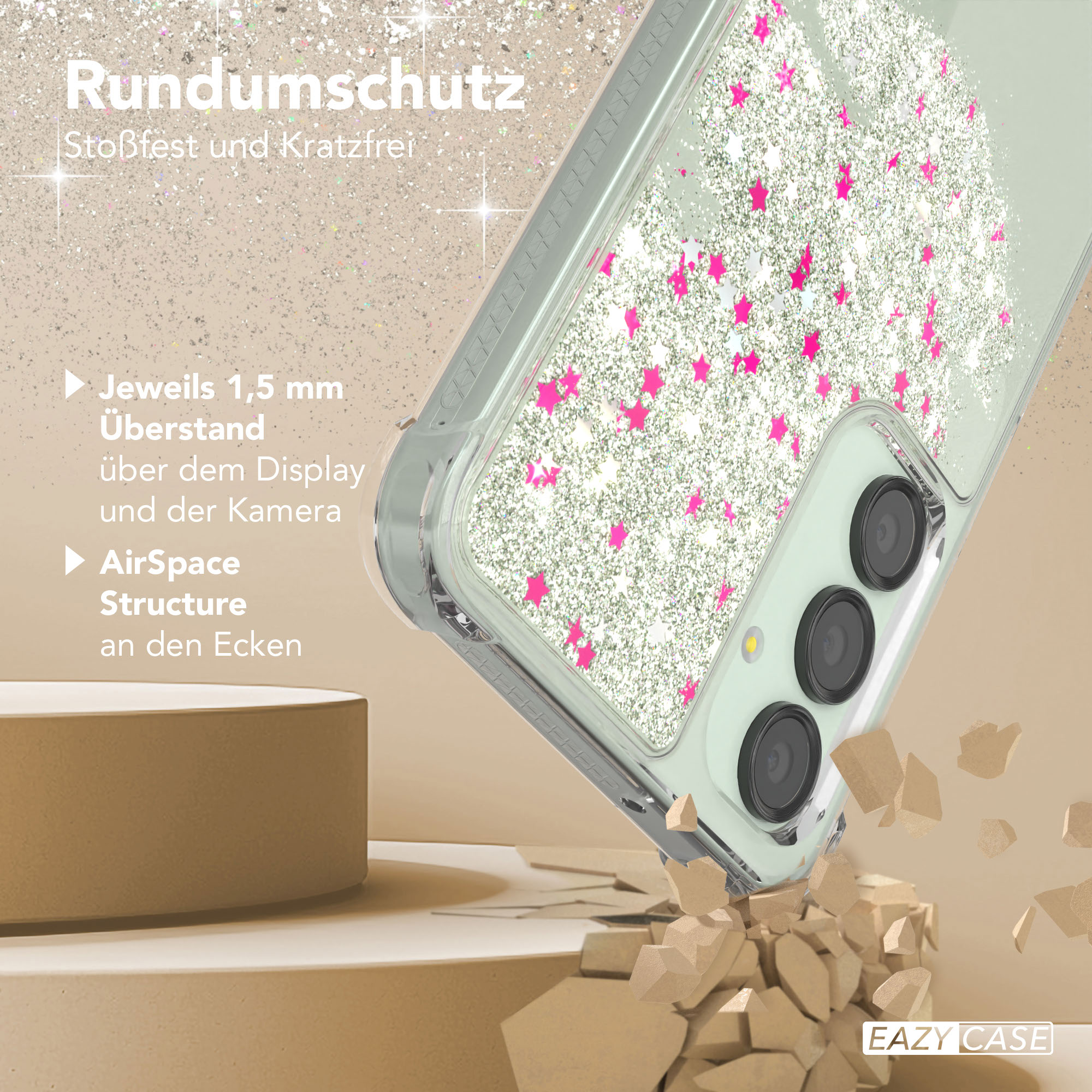 Eine Handyhülle mit rosa Sternen in Flüssigkeit. Die Hülle ist klar und hat drei Kameraausschnitte.