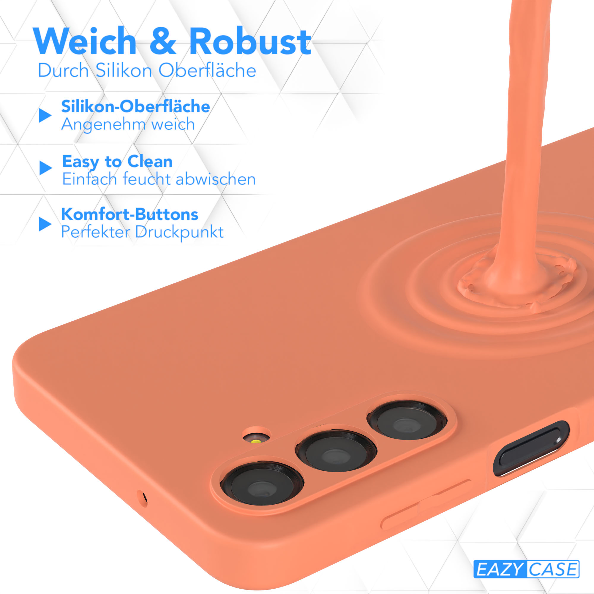 Orangefarbene Telefonhülle. Orange Flüssigkeit wird darauf gegossen, wodurch sich Wellen bilden. Mit Knöpfen.
