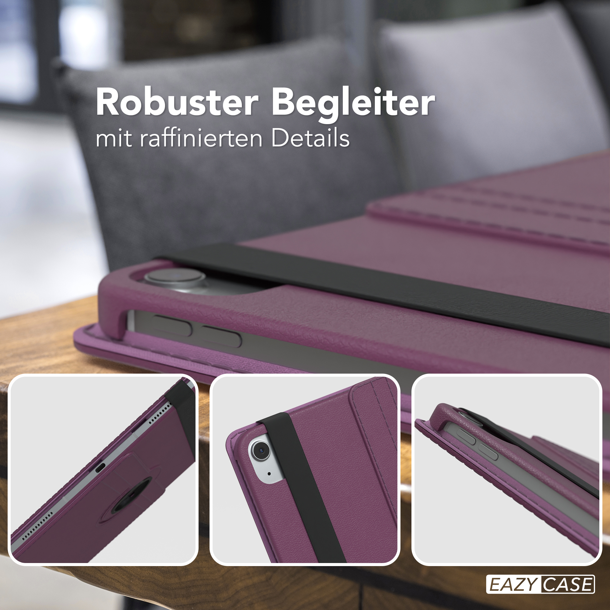 Lila Tablet-Hülle, mit mehreren Ansichten. Schwarzer Riemen auf der Abdeckung. EAZY CASE Logo.