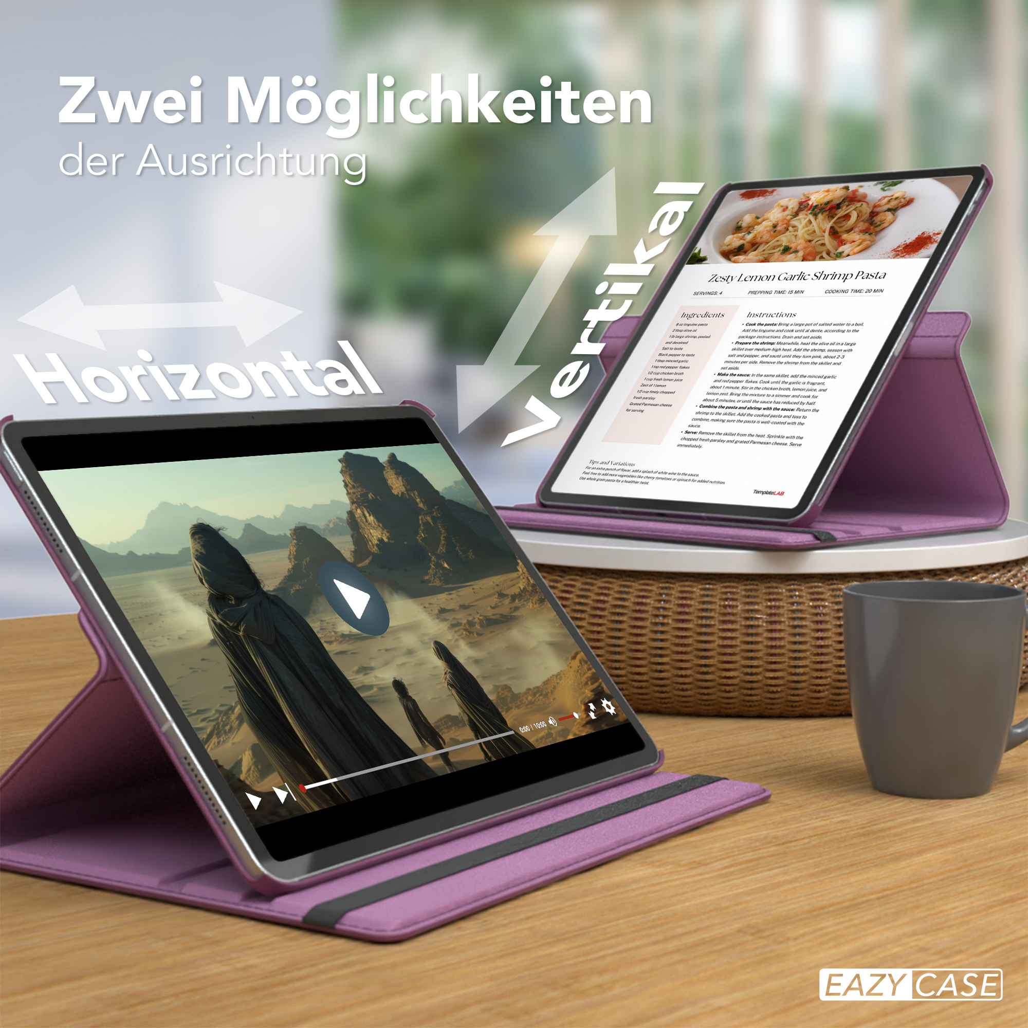 Zwei Tablets in einem lila Case, eines vertikal mit Rezept, das andere horizontal mit Video.