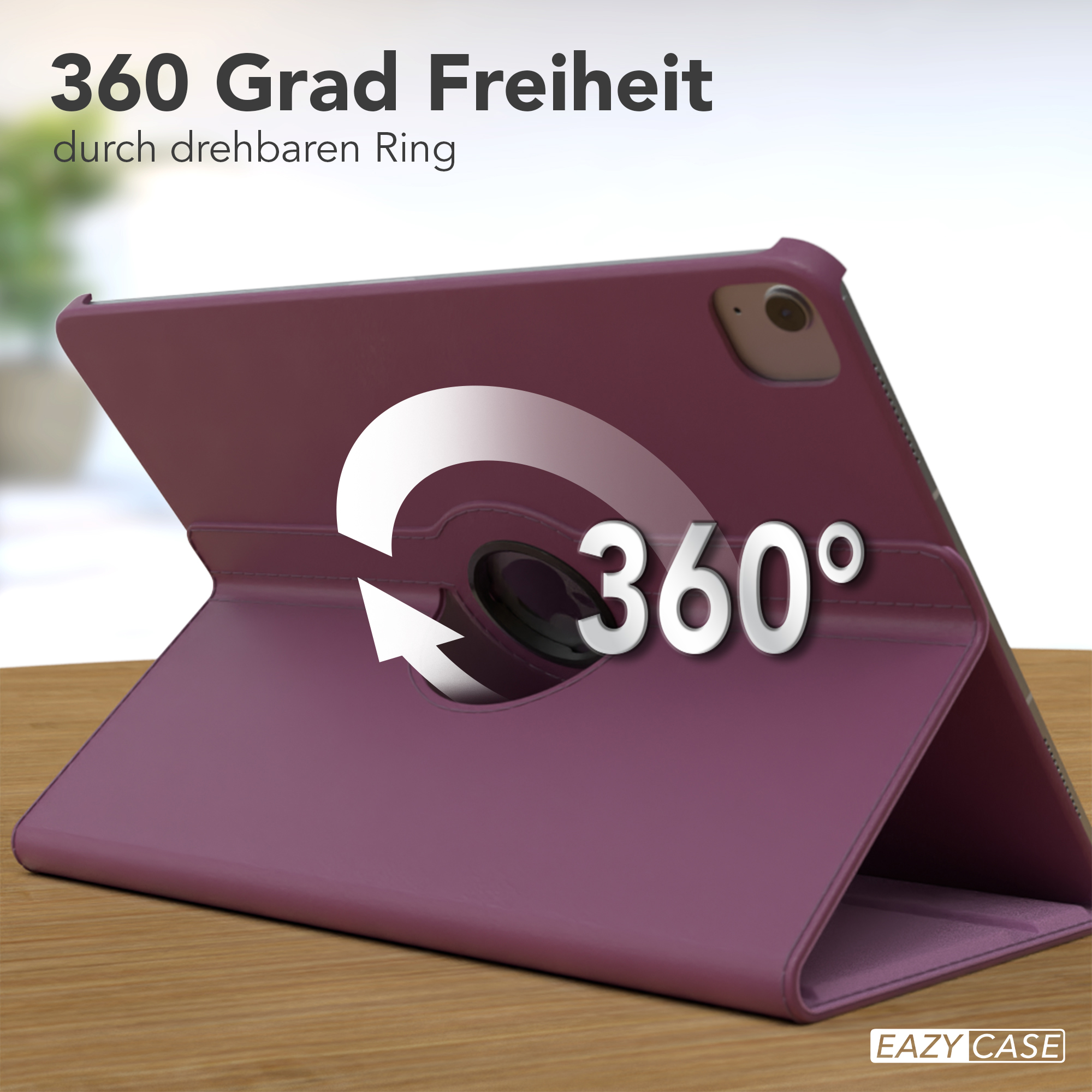 Lila Tablethülle mit drehbarem Ring. Text: 360 Grad Freiheit durch drehbaren Ring.