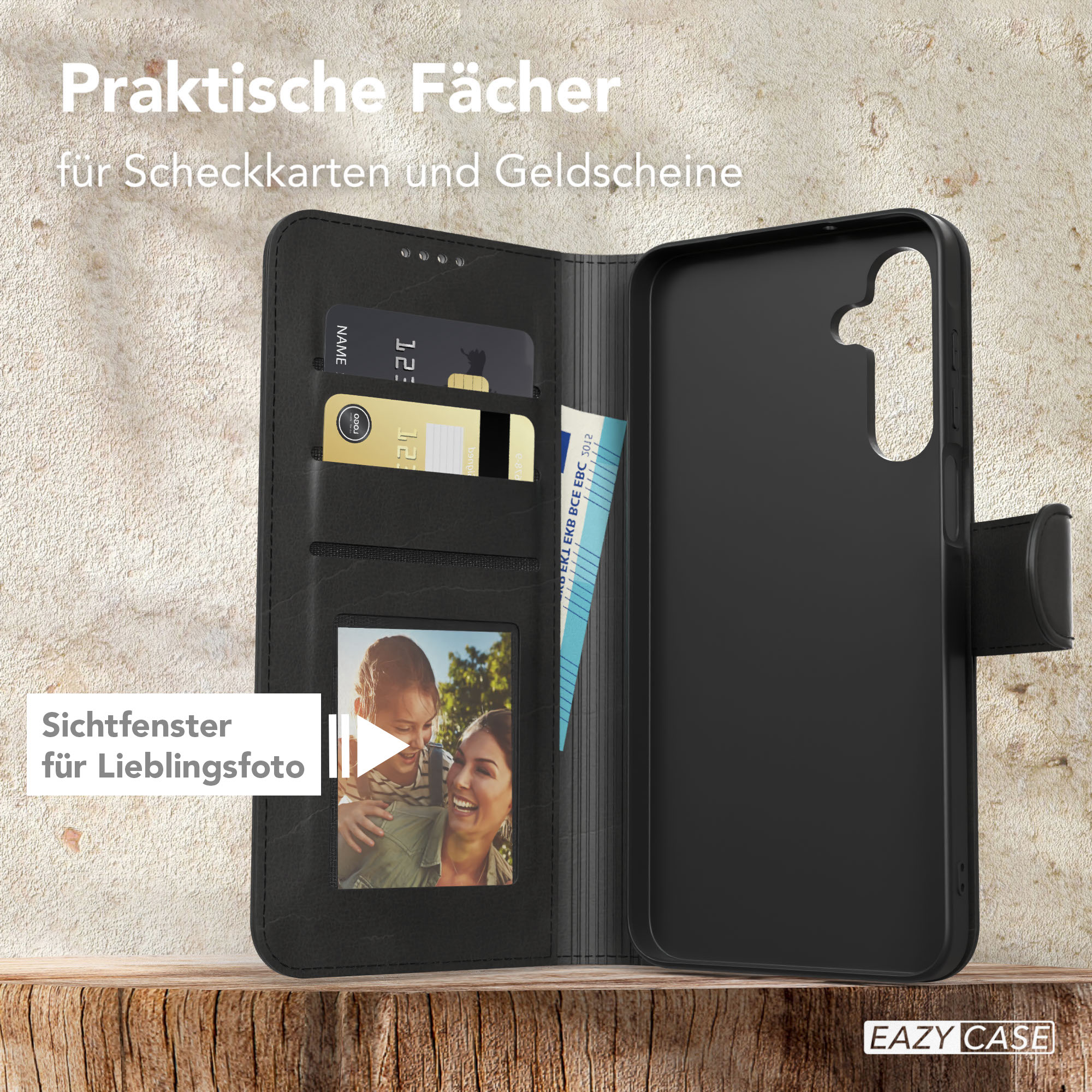 Schwarze Handyhülle offen, zeigt ein Foto und Kartenfächer.