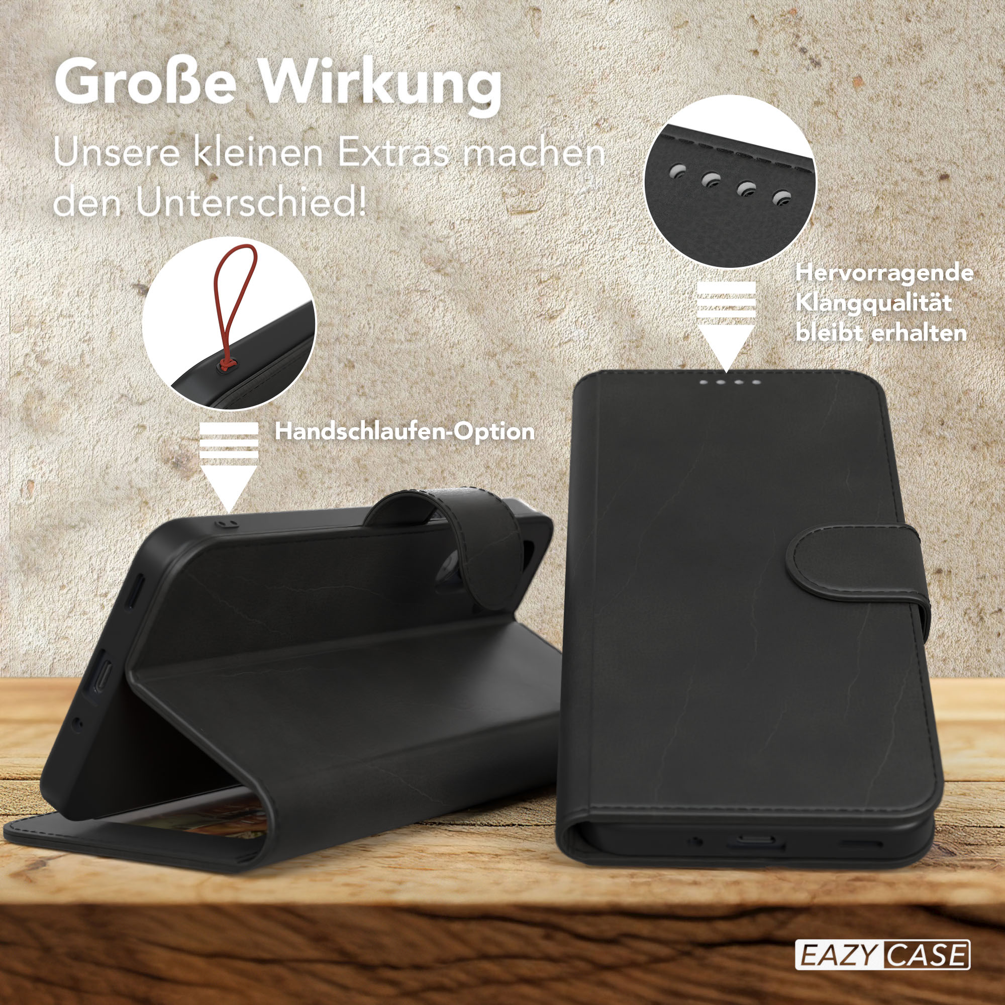 Schwarze Handyhülle mit Handschlaufen-Option und Details auf der Hülle.