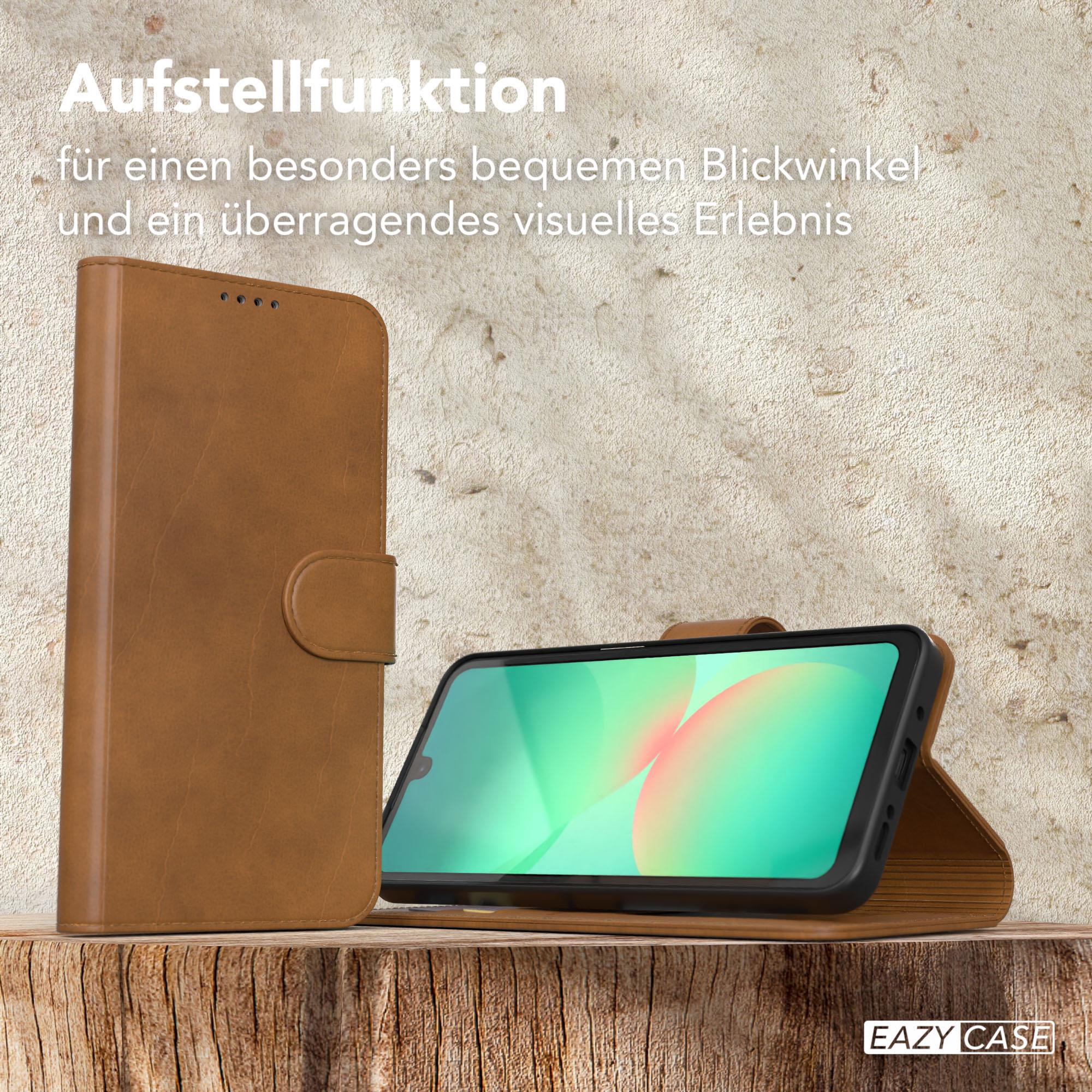 Eine Handyhülle mit einem Telefon darin. Die Hülle ist braun und lässt sich öffnen, mit dem Text Aufstellfunktion.