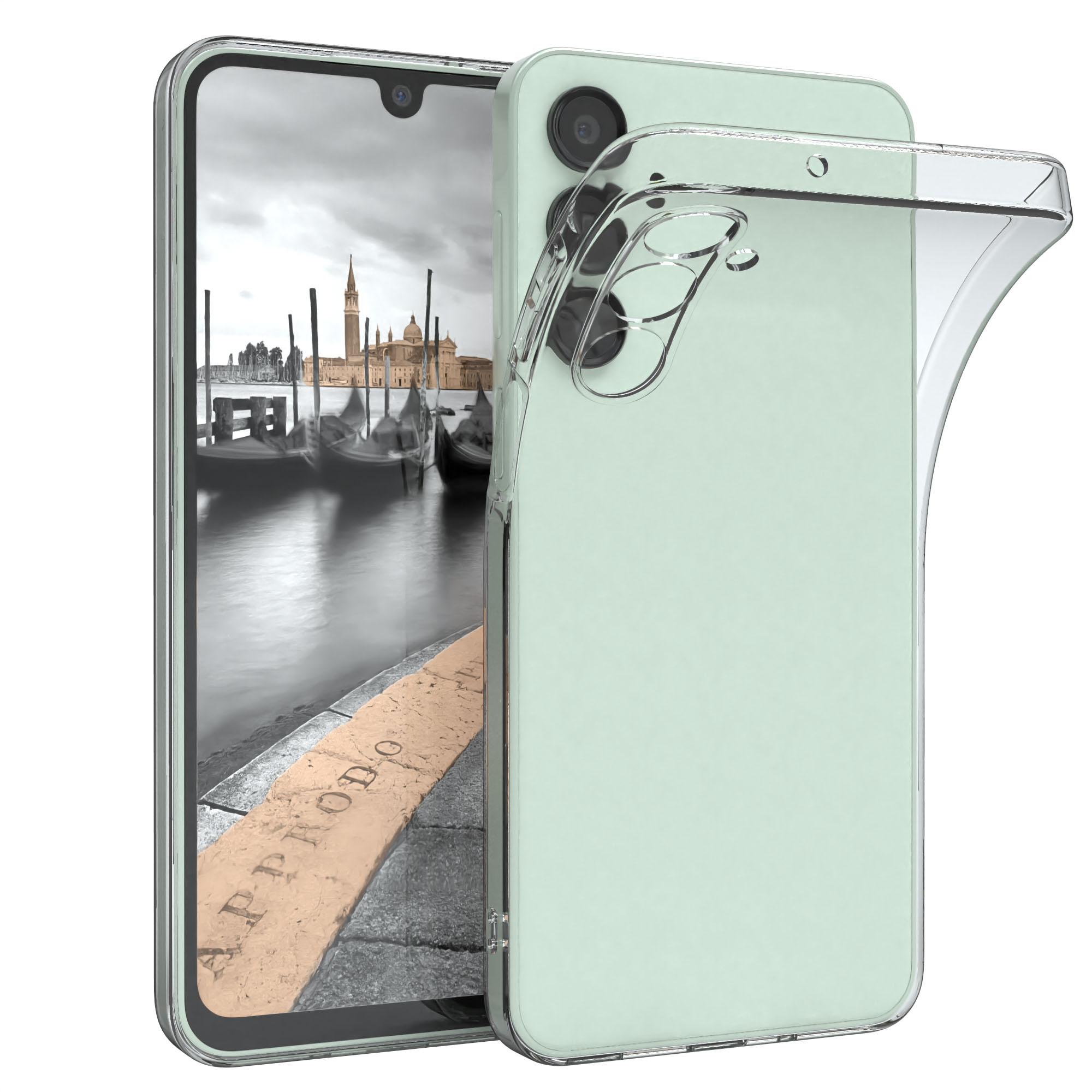 Ein Telefon mit Hülle, der Hintergrund ist ein Kanal. Das Telefon hat eine Hülle.