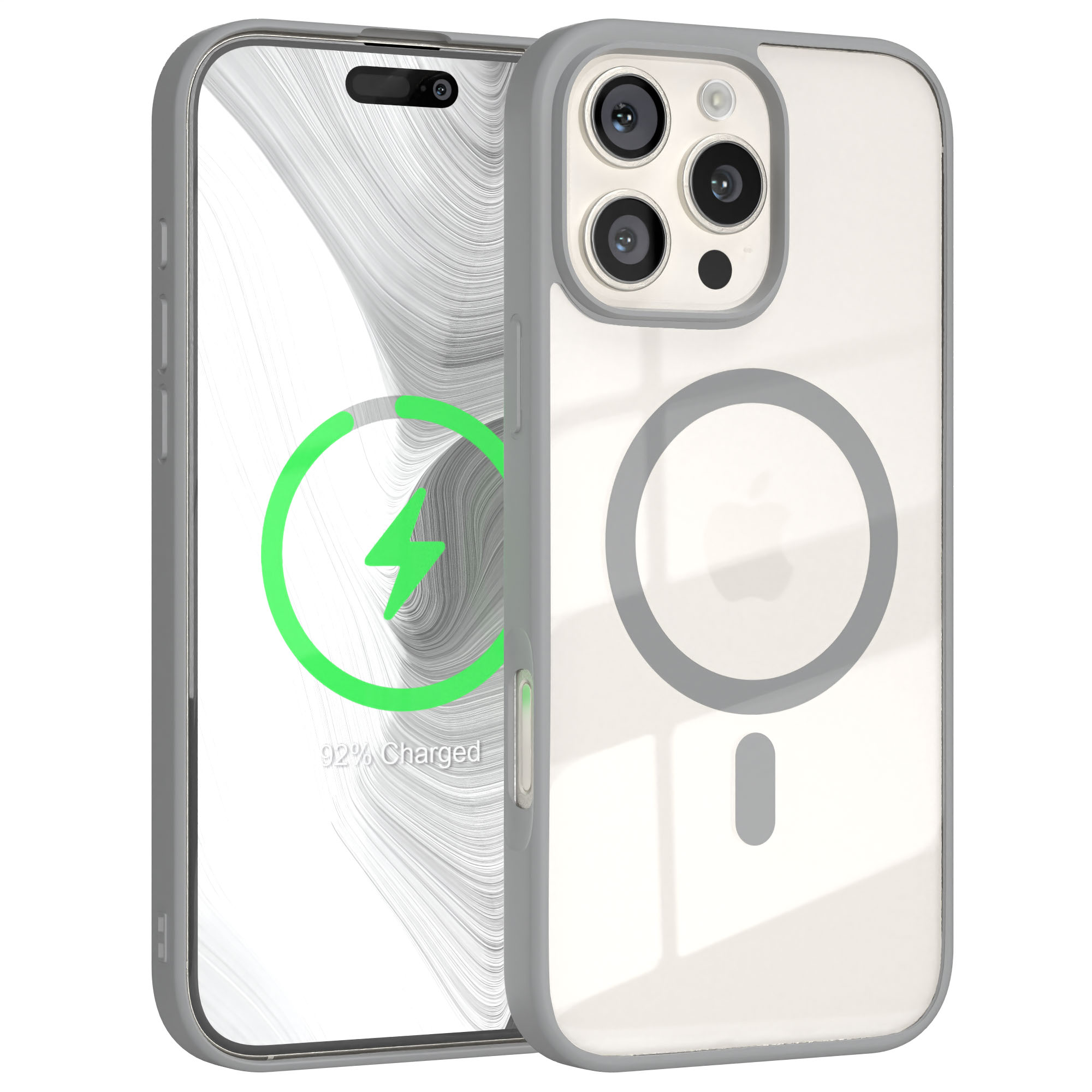 Graues Telefon mit klarer Hülle. Der Bildschirm zeigt 92% geladen. MagSafe-Kreis sichtbar.