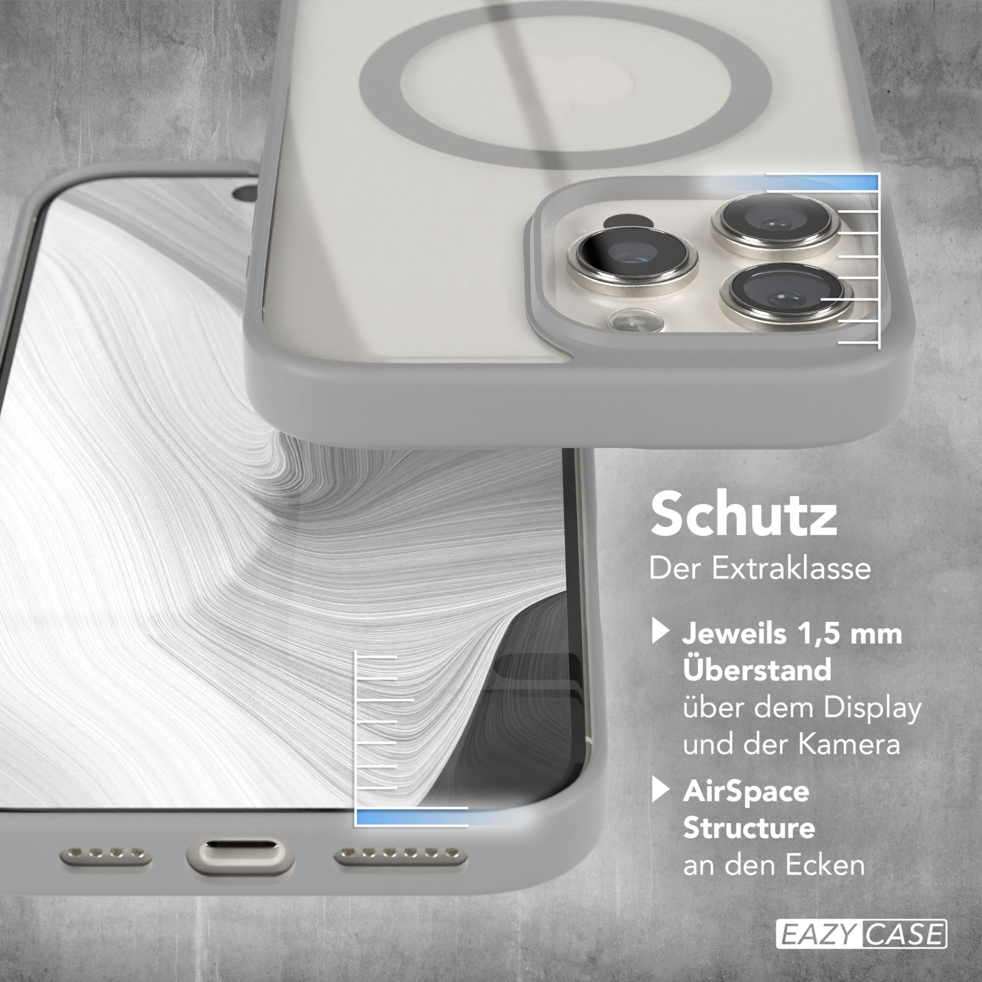 Eine Handyhülle mit durchsichtigem Rücken und Schutzrahmen, mit Text, der zusätzlichen Schutz angibt.