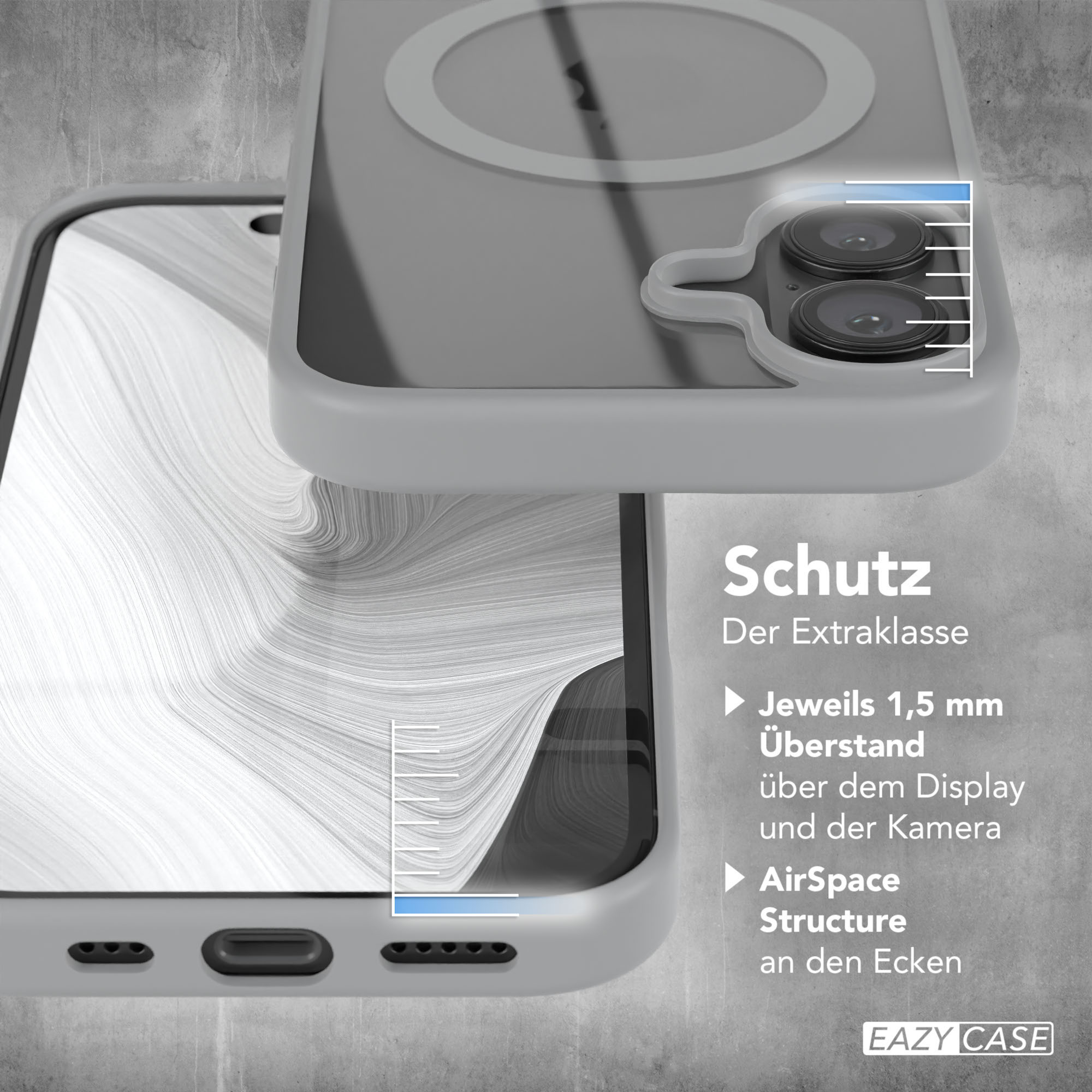 Nahaufnahme einer Handyhülle. Es hat einen Kameraausschnitt und den Text "Schutz".