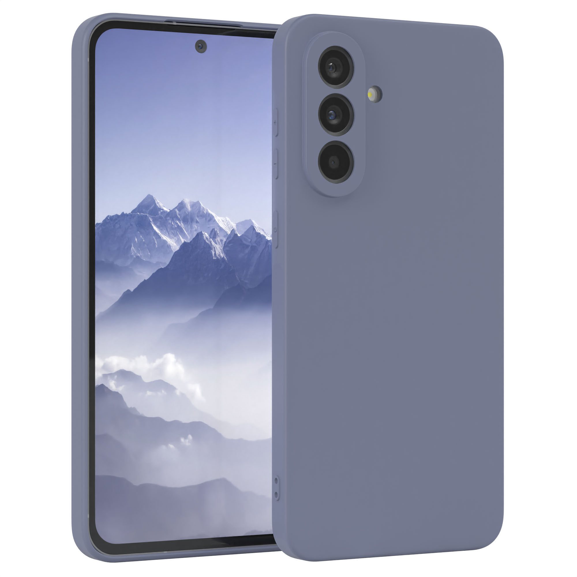 Eine blaue Handyhülle mit einem Telefon darin wird gezeigt. Das Telefon hat 3 Kameras auf der Rückseite.