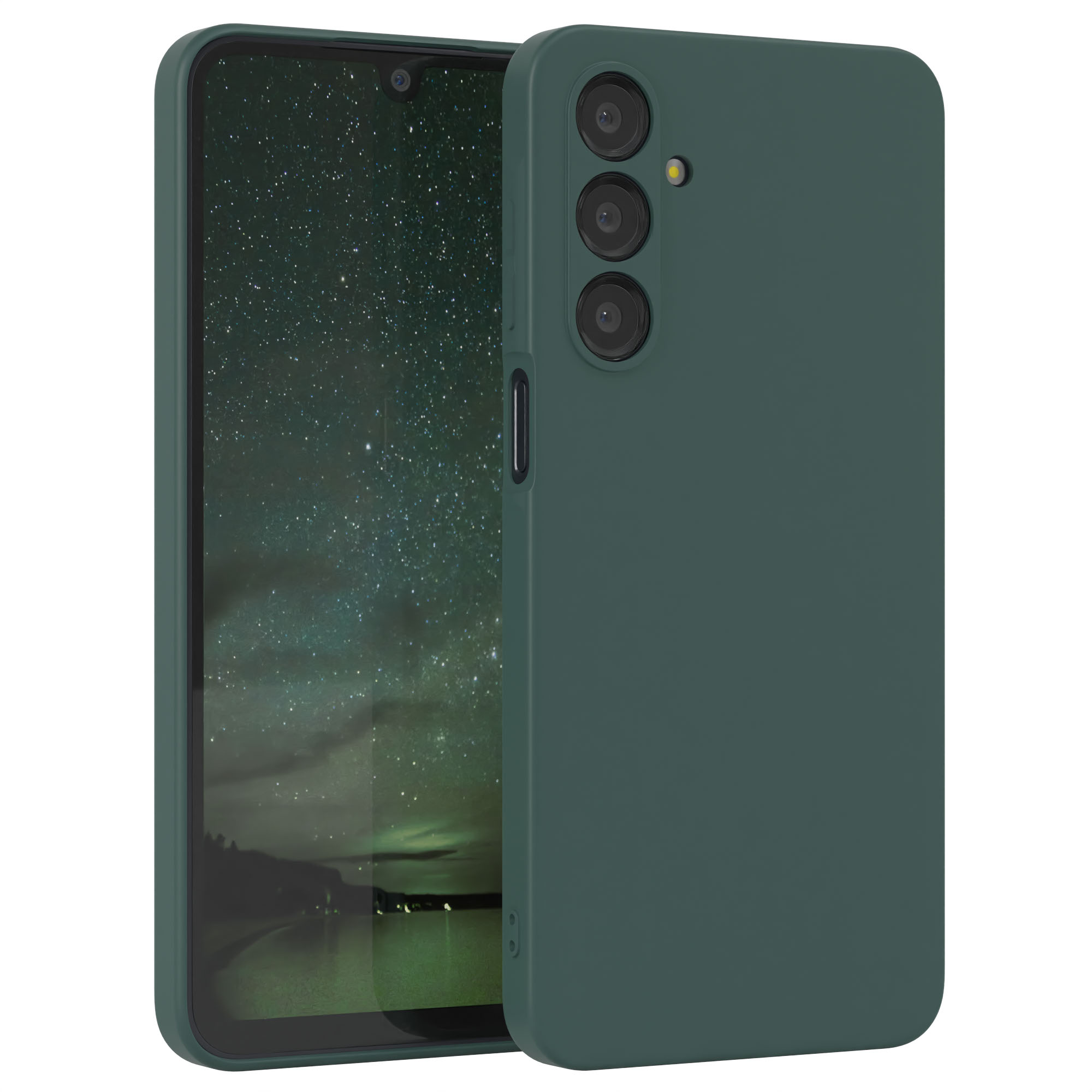 Grüne Handyhülle mit Telefon. Dunkelgrüne Hülle, schwarzer Bildschirm. Telefon zeigt Sterne.