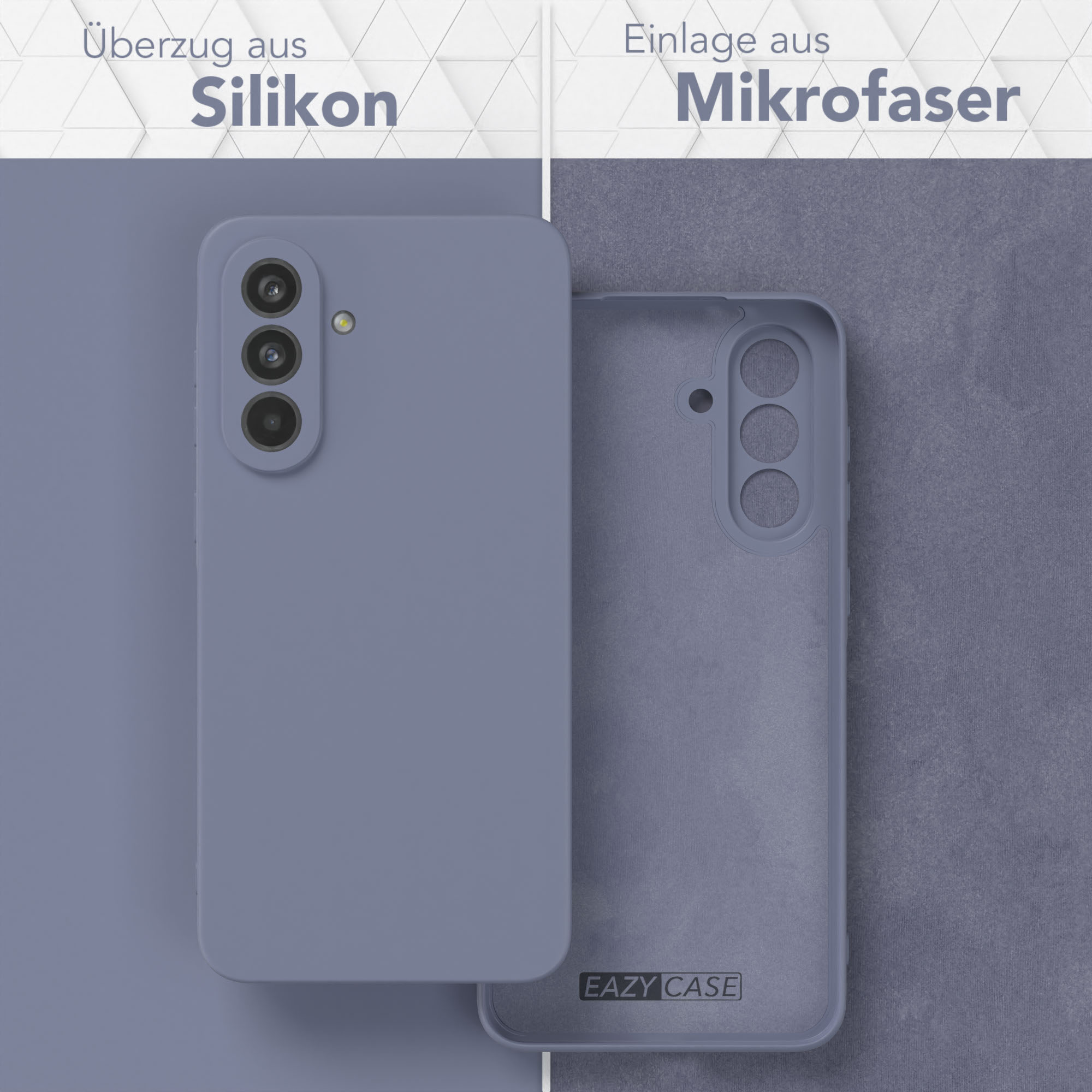Zwei Handyhüllen, eine lavendelfarben, eine zeigt die Innenseite. Text: Silikon, Mikrofaser.