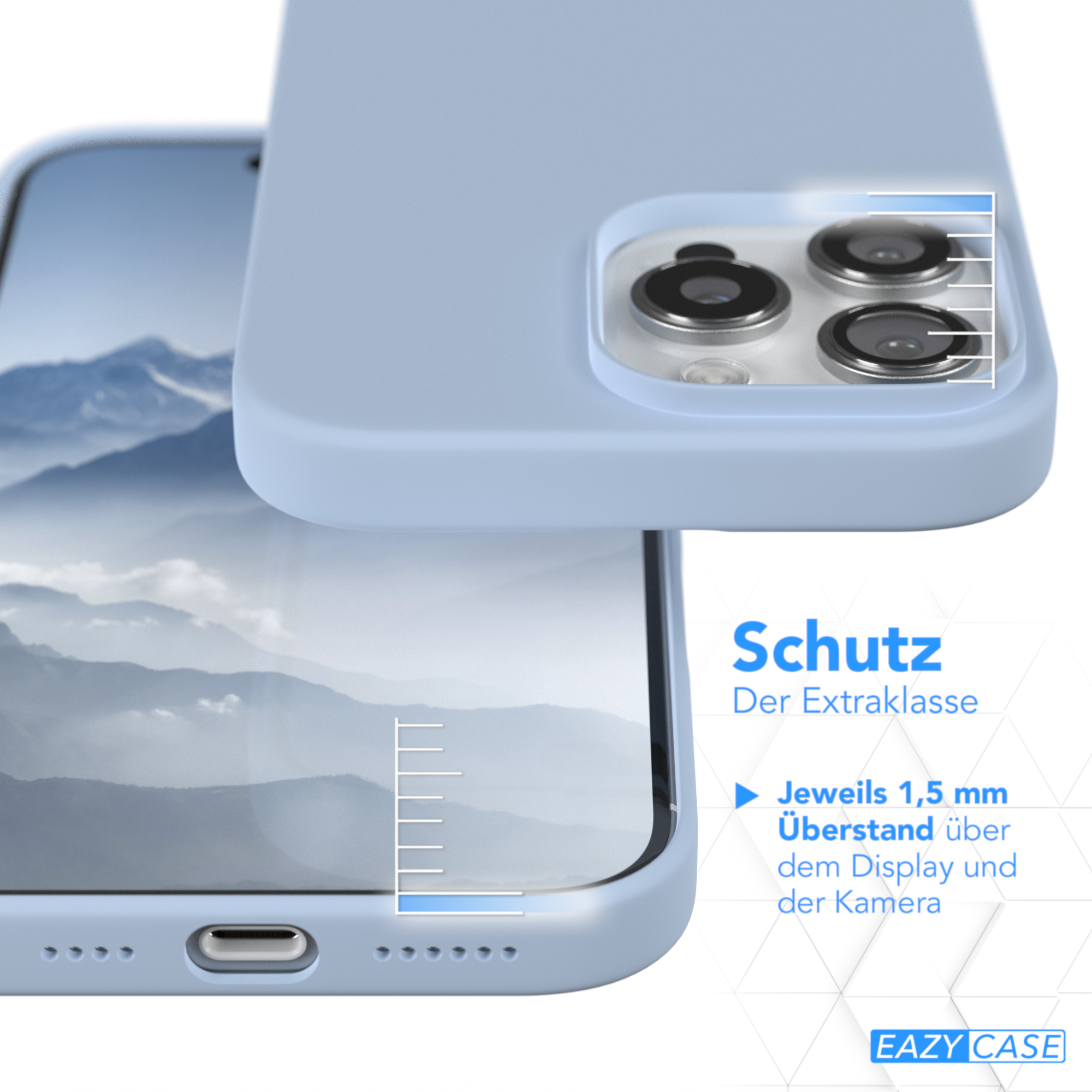 Eine Handyhülle in Blau, zeigt ein Handy mit Kamera und Bildschirm. Das Gehäuse schützt Display und Kamera.