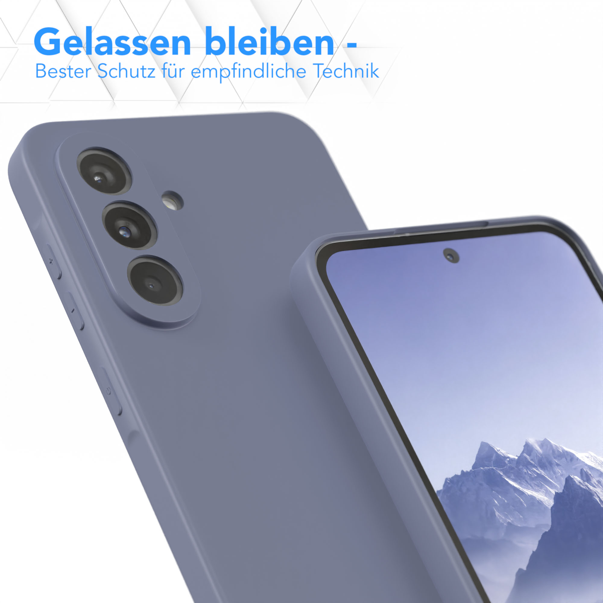 Nahaufnahme eines blauen Telefons und seiner Hülle. Das Telefon liegt auf heller Oberfläche.