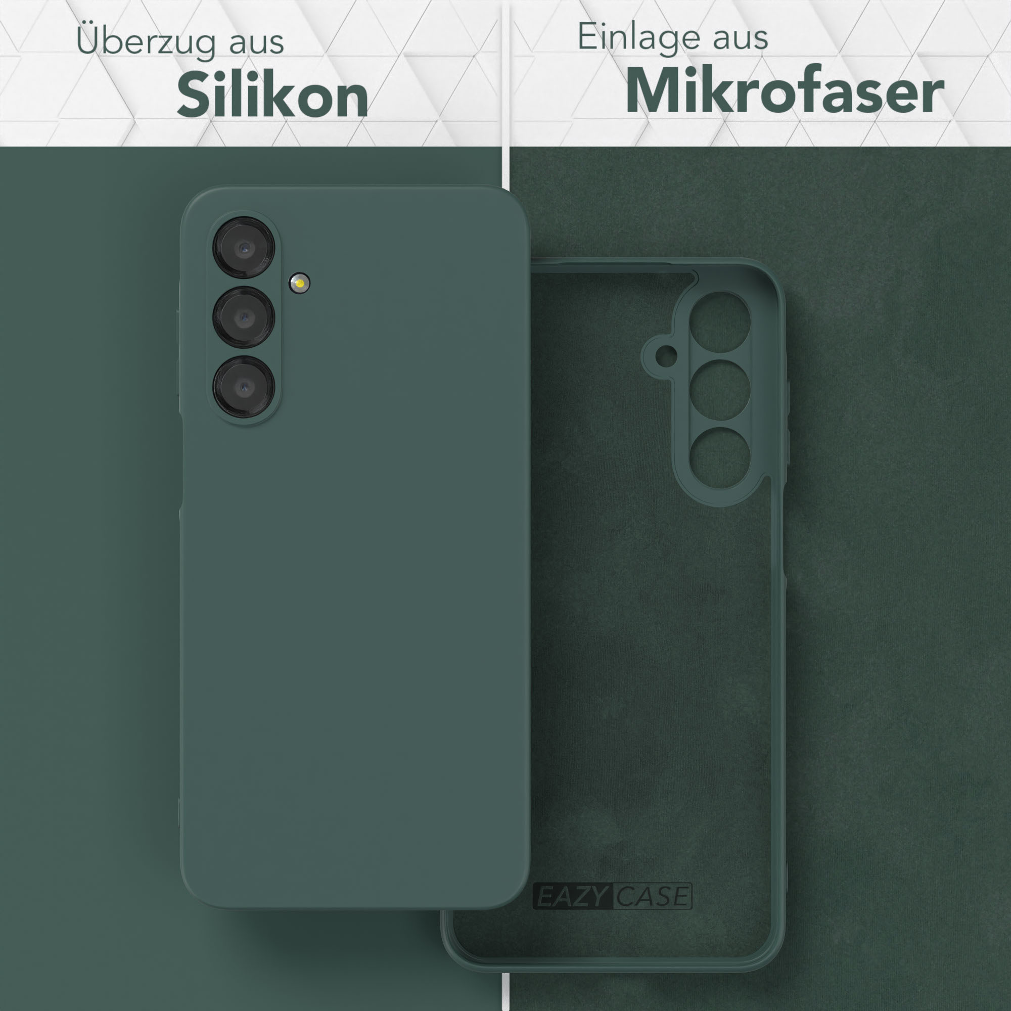 Eine Handyhülle mit grüner Silikonaußenseite und Mikrofaser-Innenseite, geteilte Ansicht.