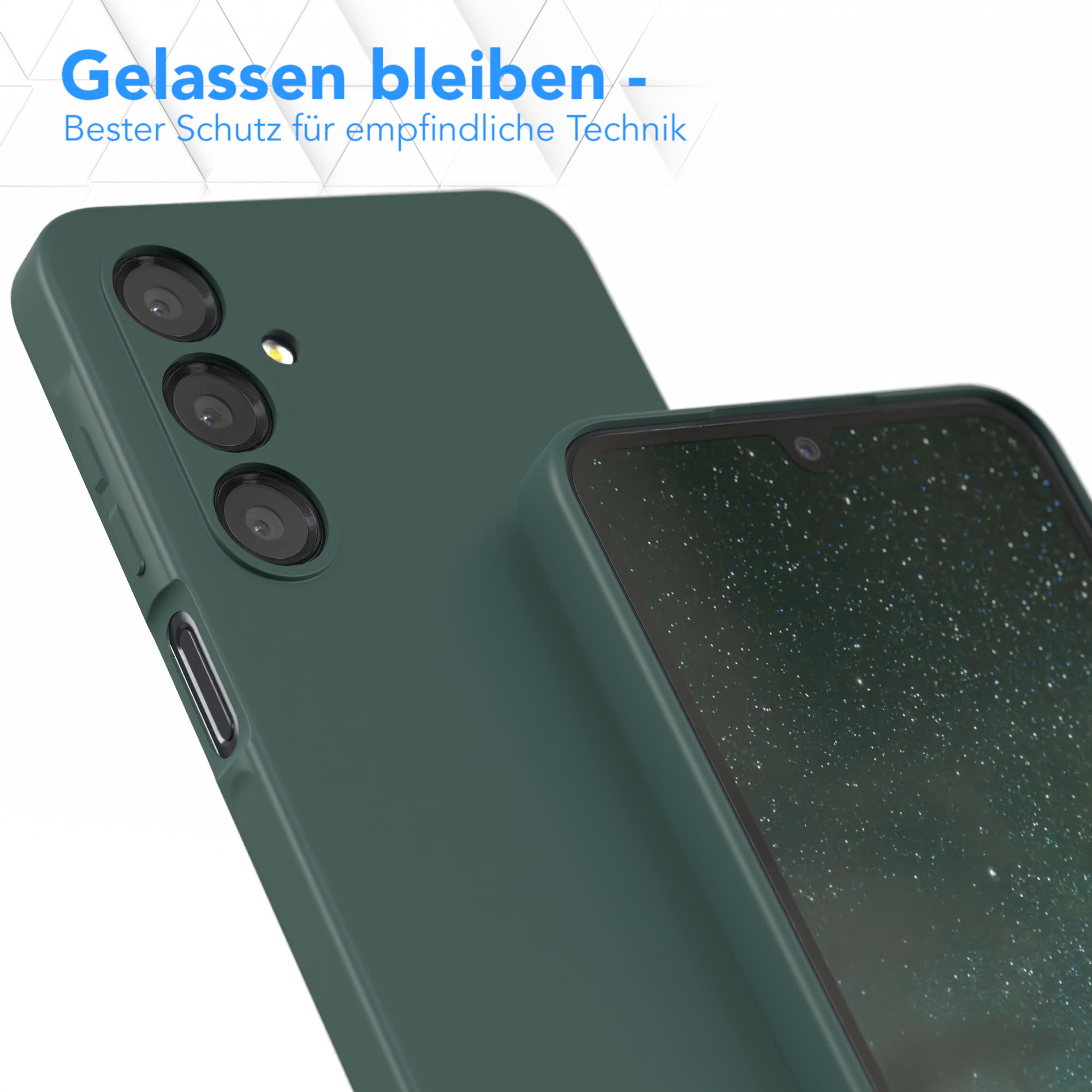 Grüne Handyhülle mit drei Kameras. Telefon eingesetzt, dunkler Bildschirm.