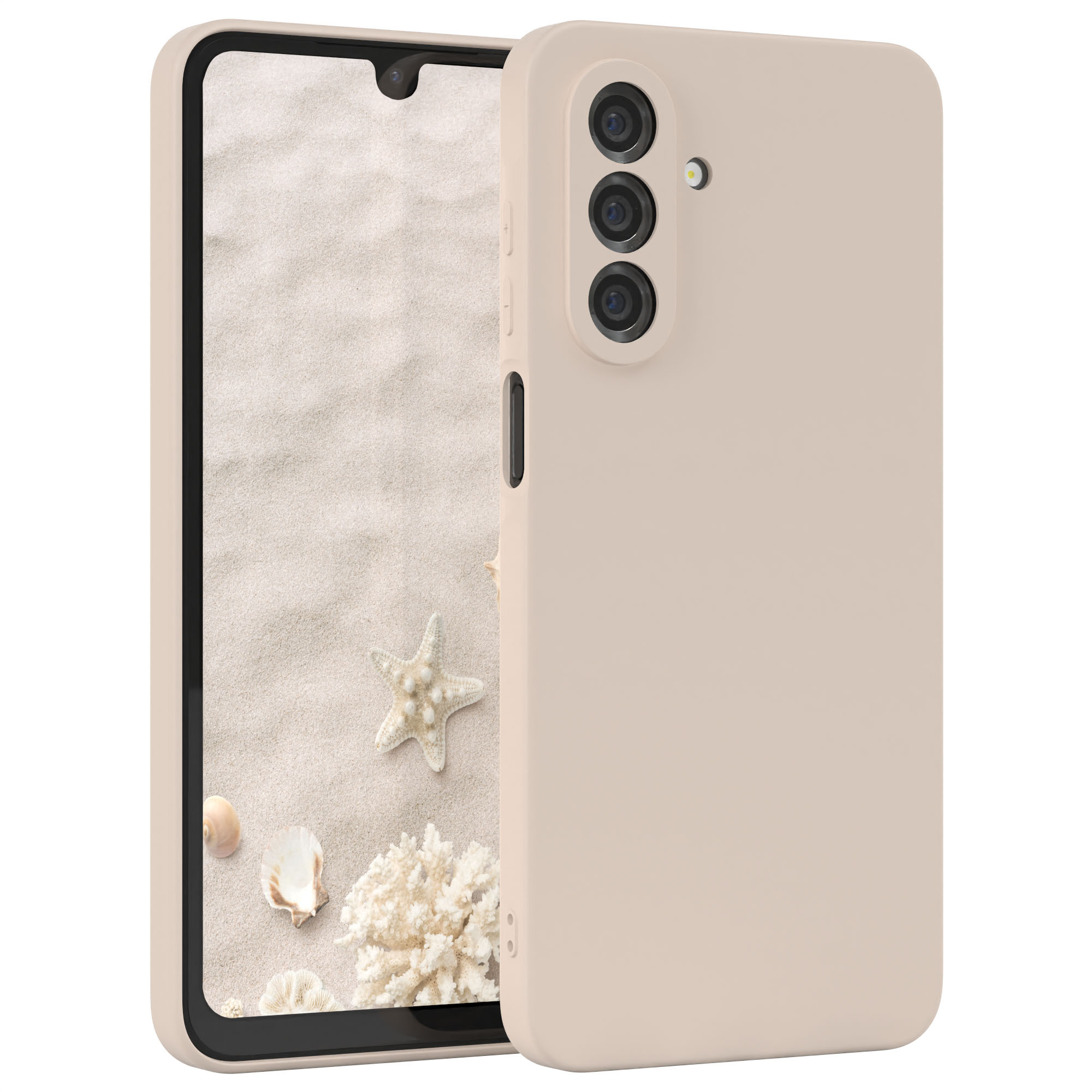 Eine hellbraune Handyhülle mit einem Telefon darin. Der Hintergrund zeigt Sand, Muscheln und einen Seestern.