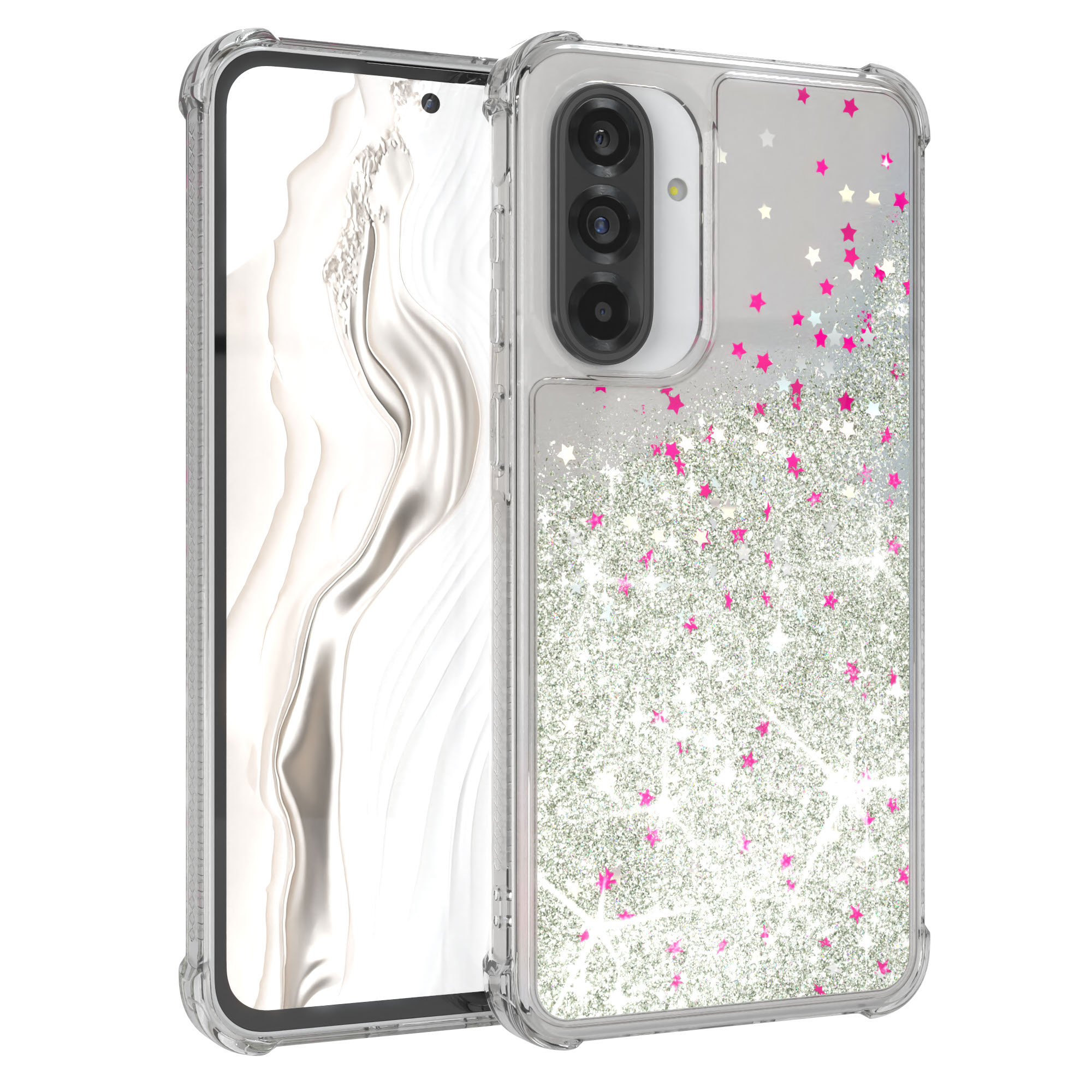 Eine durchsichtige Handyhülle mit einem Handy darin. Die Hülle hat rosa Sterne und Glitzer.