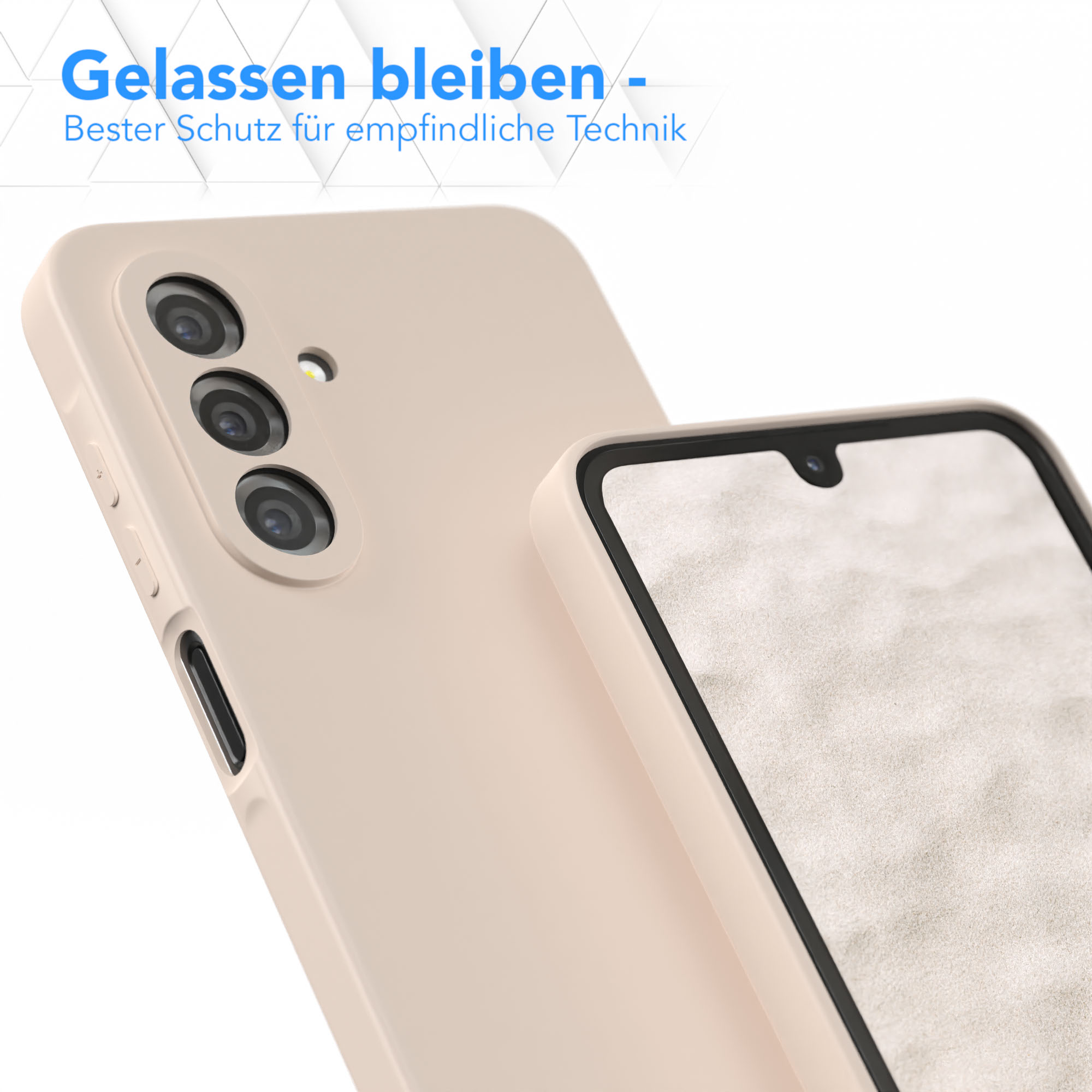 Handyhülle und Displayschutz. Hülle ist beige, Telefon ist schwarz. Text auf Deutsch.