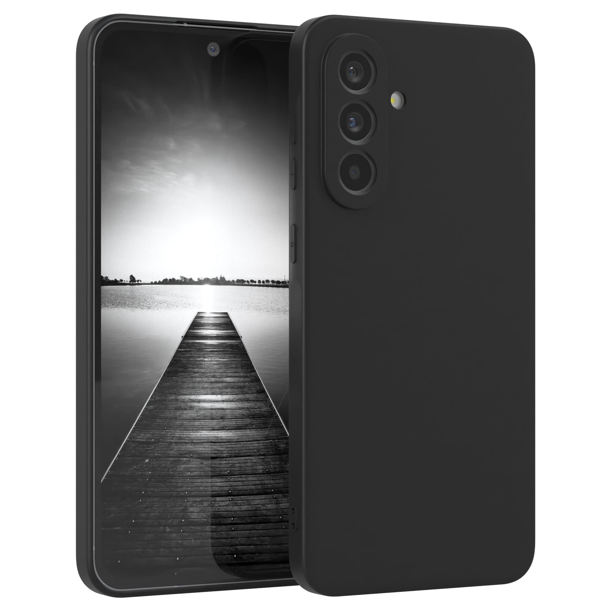 Schwarzes Smartphone mit schwarzer Hülle. Der Bildschirm zeigt eine schwarz-weiße Stegszene.