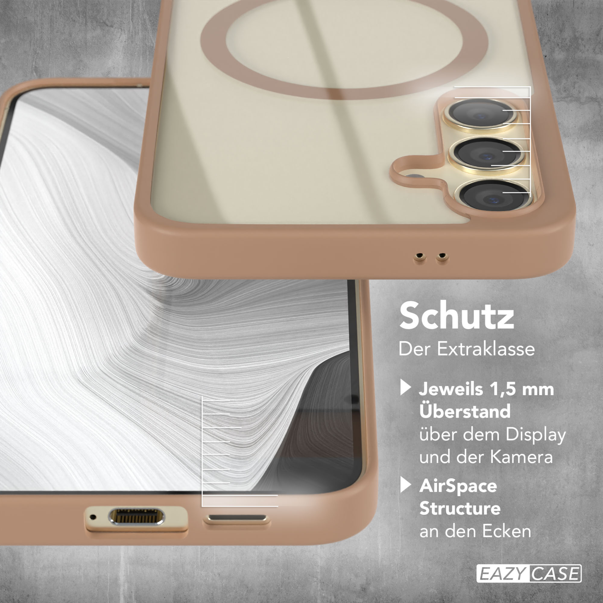 Nahaufnahme einer Handyhülle mit braunem Kreisdesign. Text sagt 'Schutz'. EAZY CASE sichtbar.